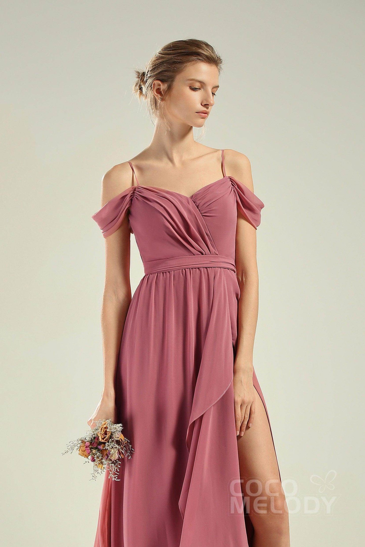 A-Line Floor Length Chiffon/Lace Bridesmaid Dress CB0628 - COCOMELODY