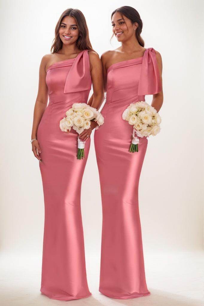 Pink Sheath One-Shoulder Bridesmaid Dress With Back Slit COCOMELODY CB0792 Pink Sheath One-Shoulder Bridesmaid Dress With Back Slit COCOMELODY CB0792