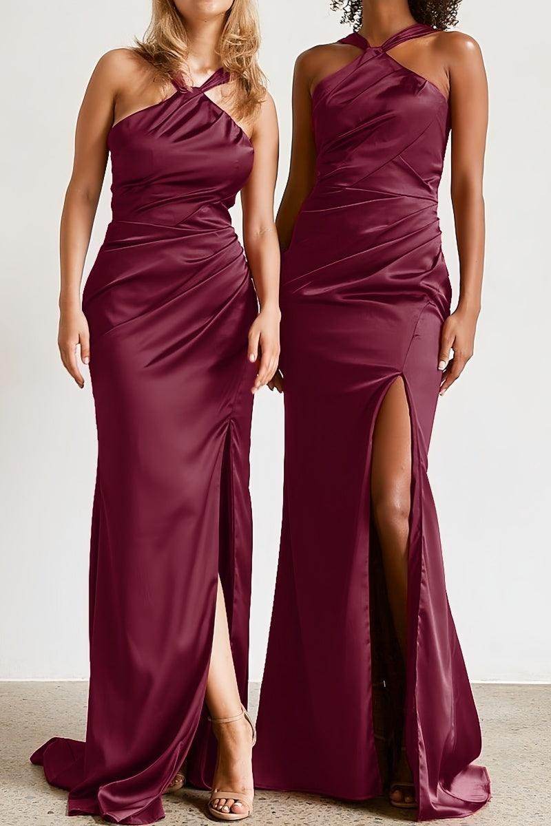 Halter Neck Sheath Bridesmaid Dress with Sweep Train CB0797 - COCOMELODY