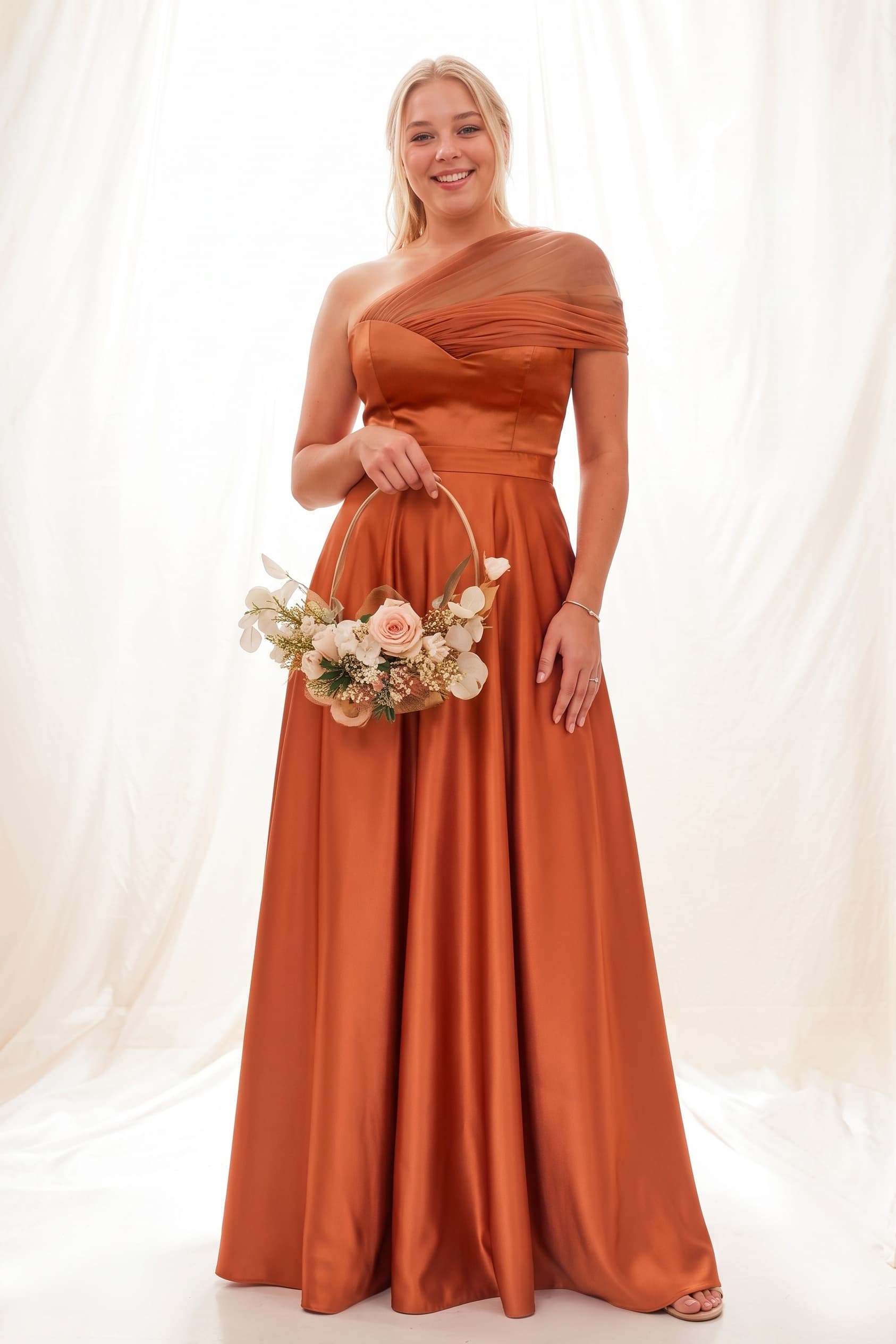 reception dress for bridesmaid Orange Satin One Shoulder A-Line Fall Wedding & Formal COCOMELODY CB0802, Orange like satin with a