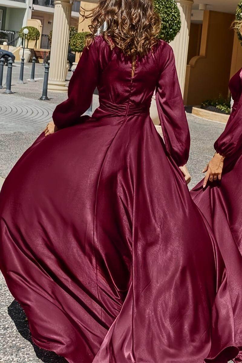 Burgundy Bridesmaid Dress with V-Neck & Long Sleeves CB0804 - COCOMELODY