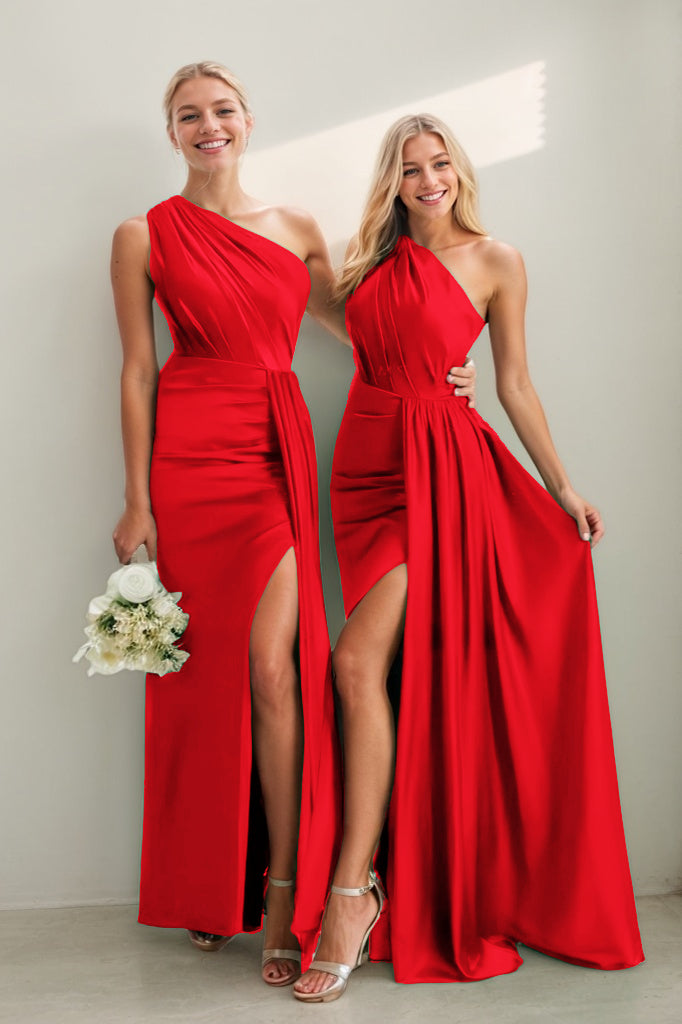 One Shoulder Satin Sheath Bridesmaid Dress with Split CB0808