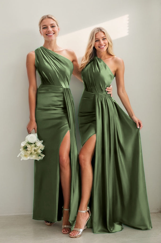 One Shoulder Satin Sheath Bridesmaid Dress with Split CB0808