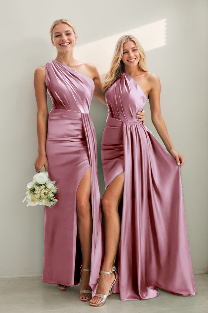 One Shoulder Satin Sheath Bridesmaid Dress with Split CB0808