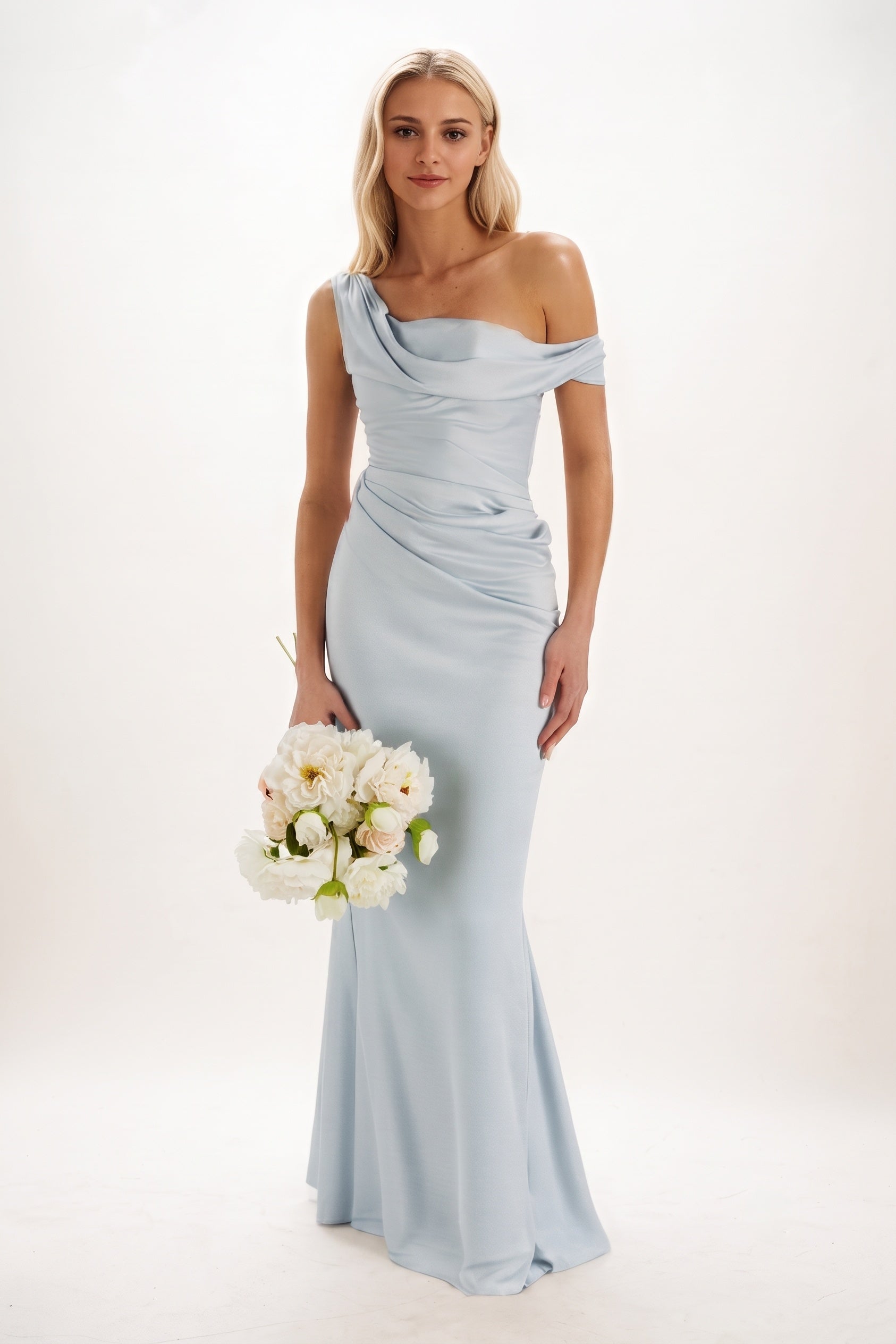 Sheath Maxi Luxe Satin Bridesmaid Dresses Off the Shoulder Wedding Guest Dresses COCOMELODY CB0815, Espresso