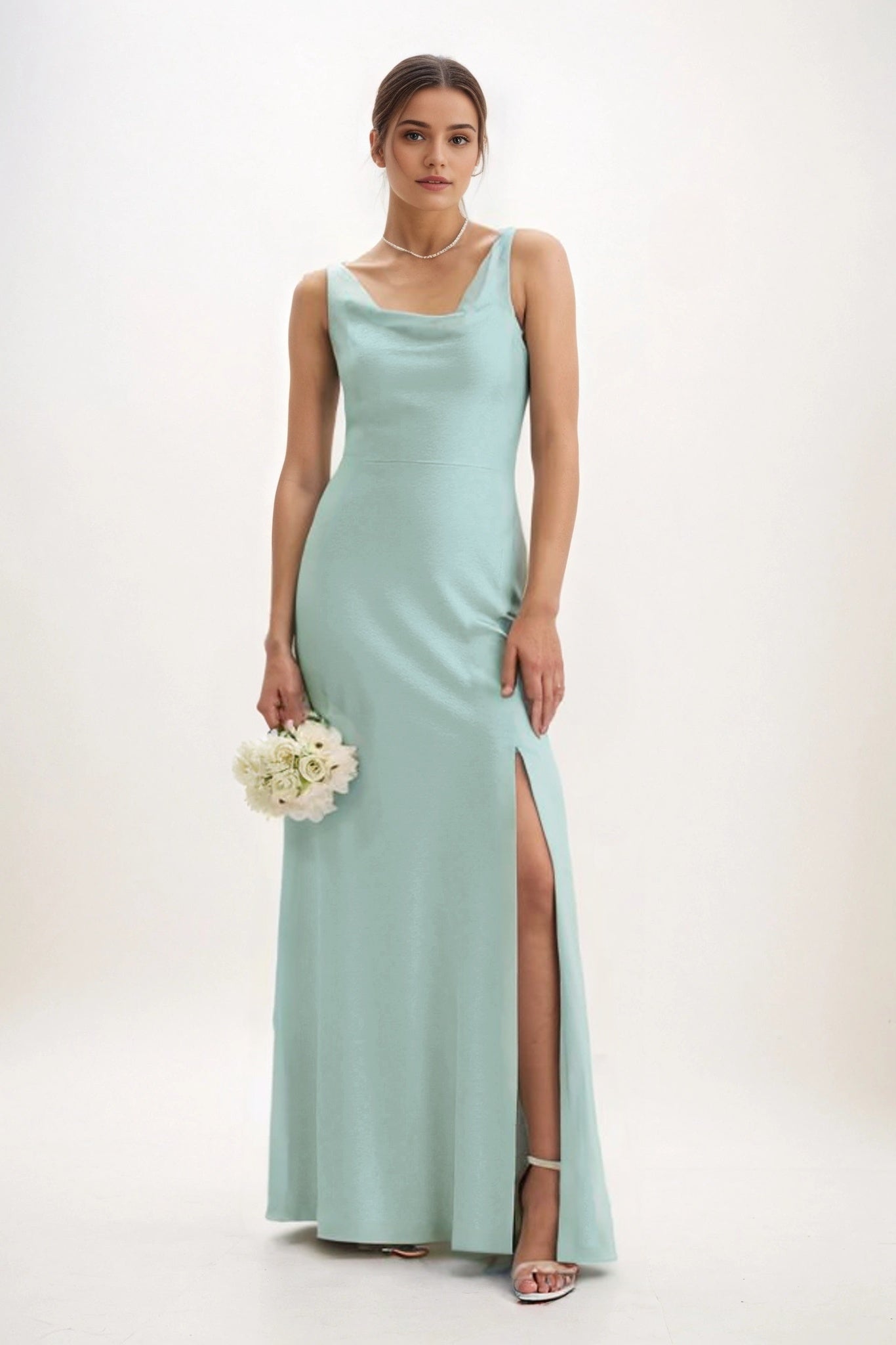 Sheath-Column Maxi Luxe Satin Bridesmaid Dress CB0816