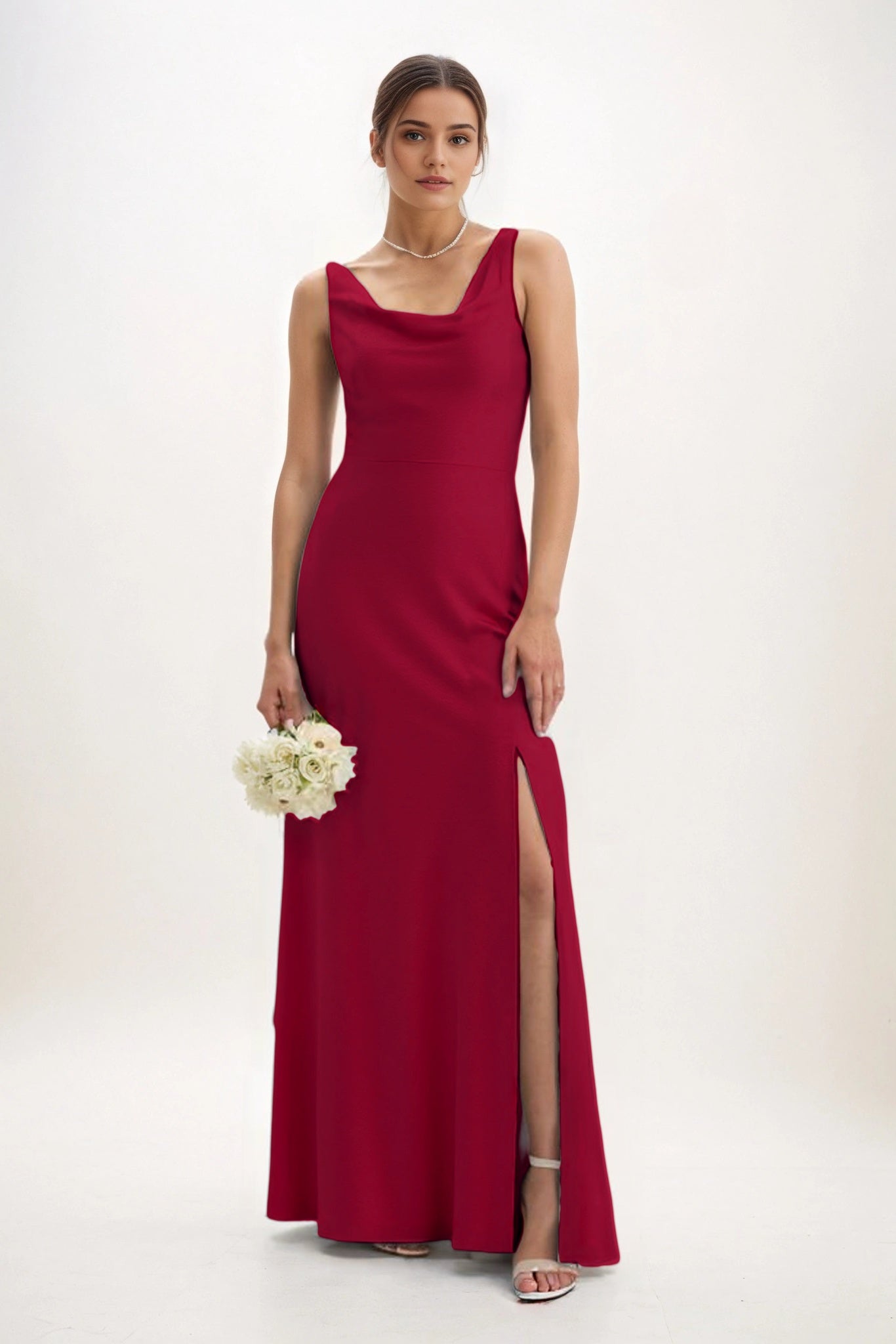 Sheath-Column Maxi Luxe Satin Bridesmaid Dress CB0816