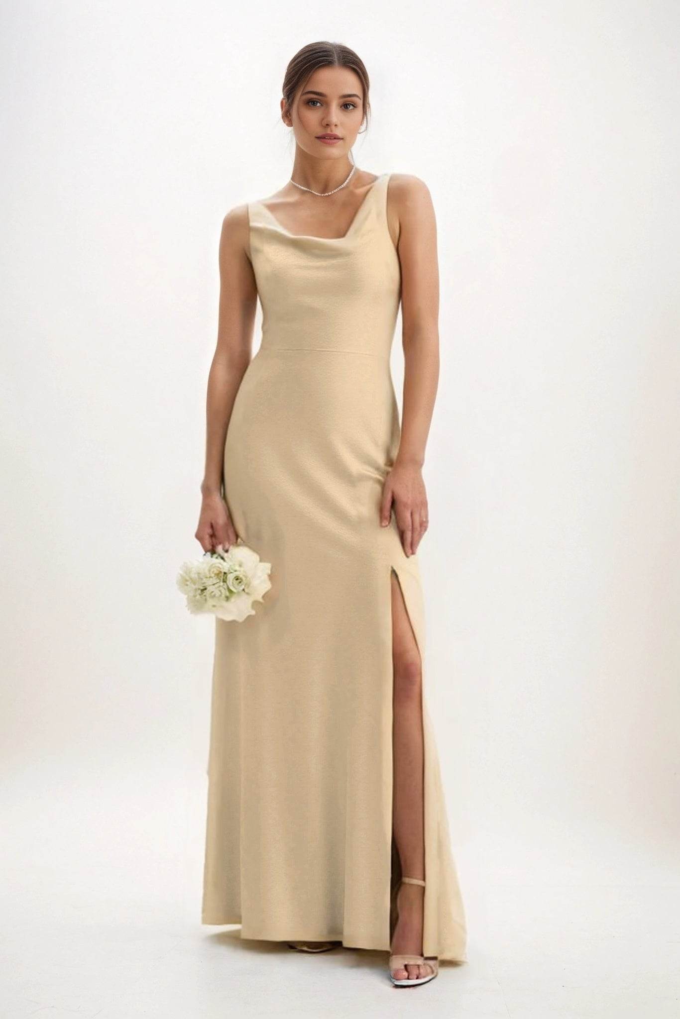 Sheath-Column Maxi Luxe Satin Bridesmaid Dress CB0816 - COCOMELODY