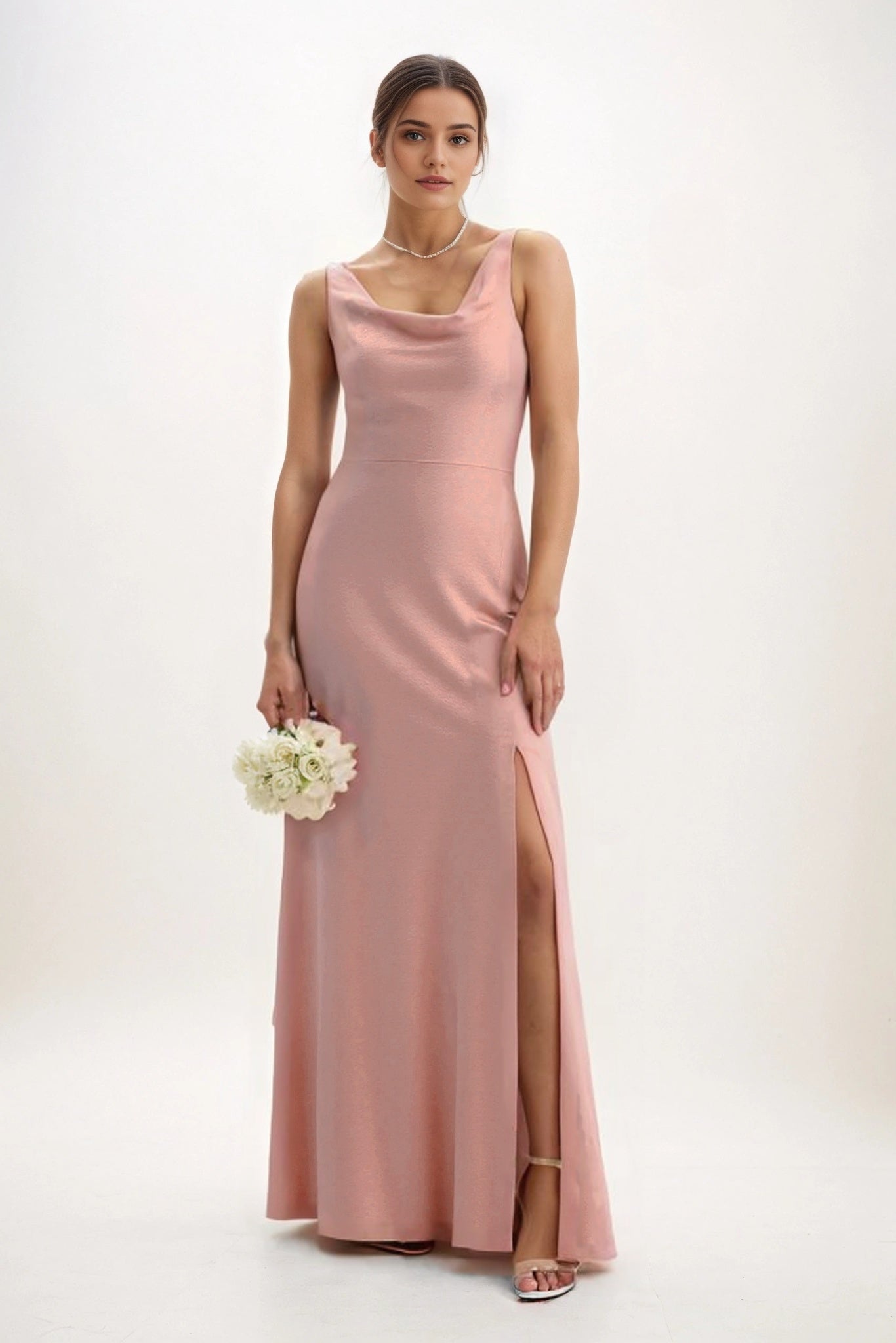Sheath-Column Maxi Luxe Satin Bridesmaid Dress CB0816
