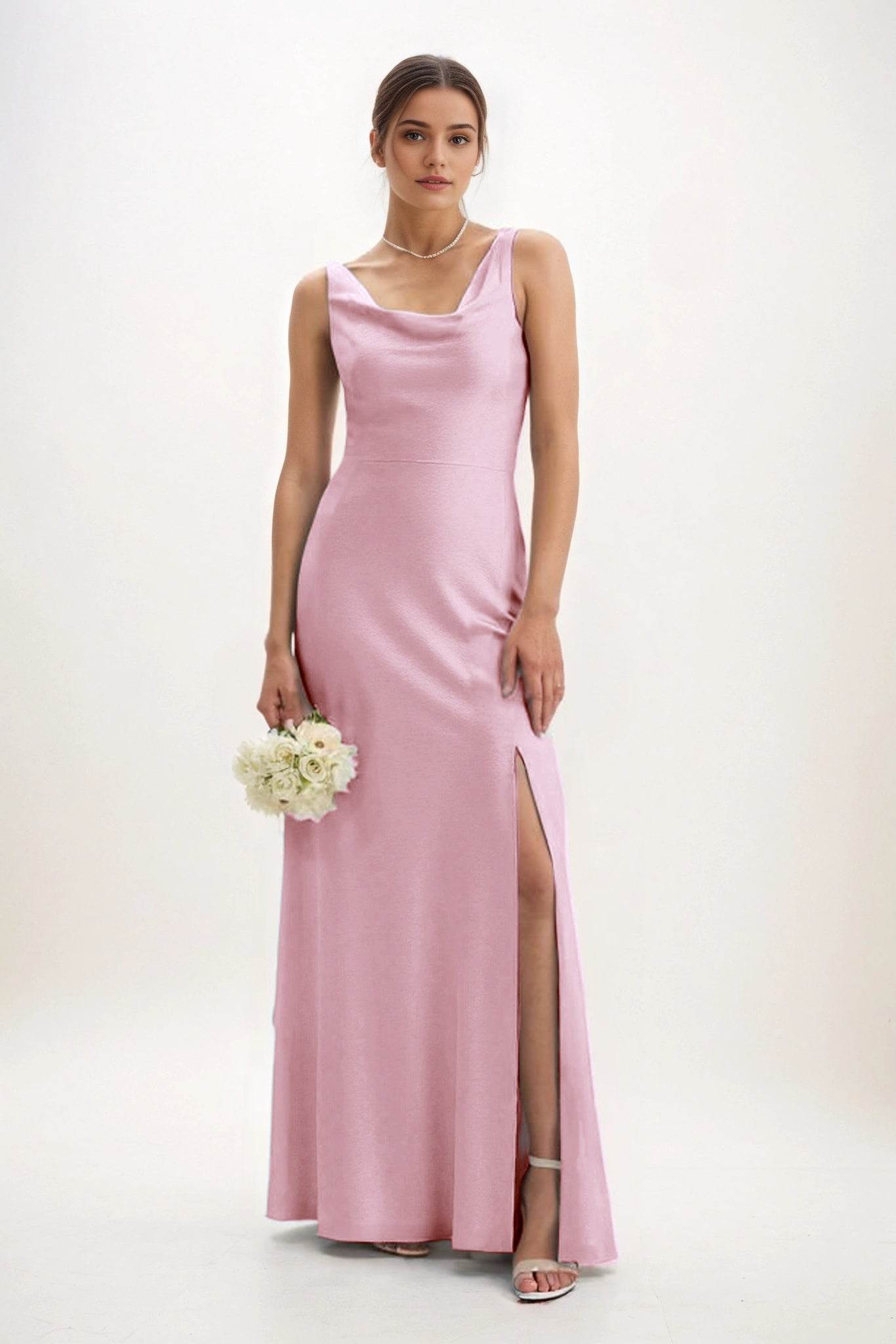 Sheath-Column Maxi Luxe Satin Bridesmaid Dress CB0816 - COCOMELODY