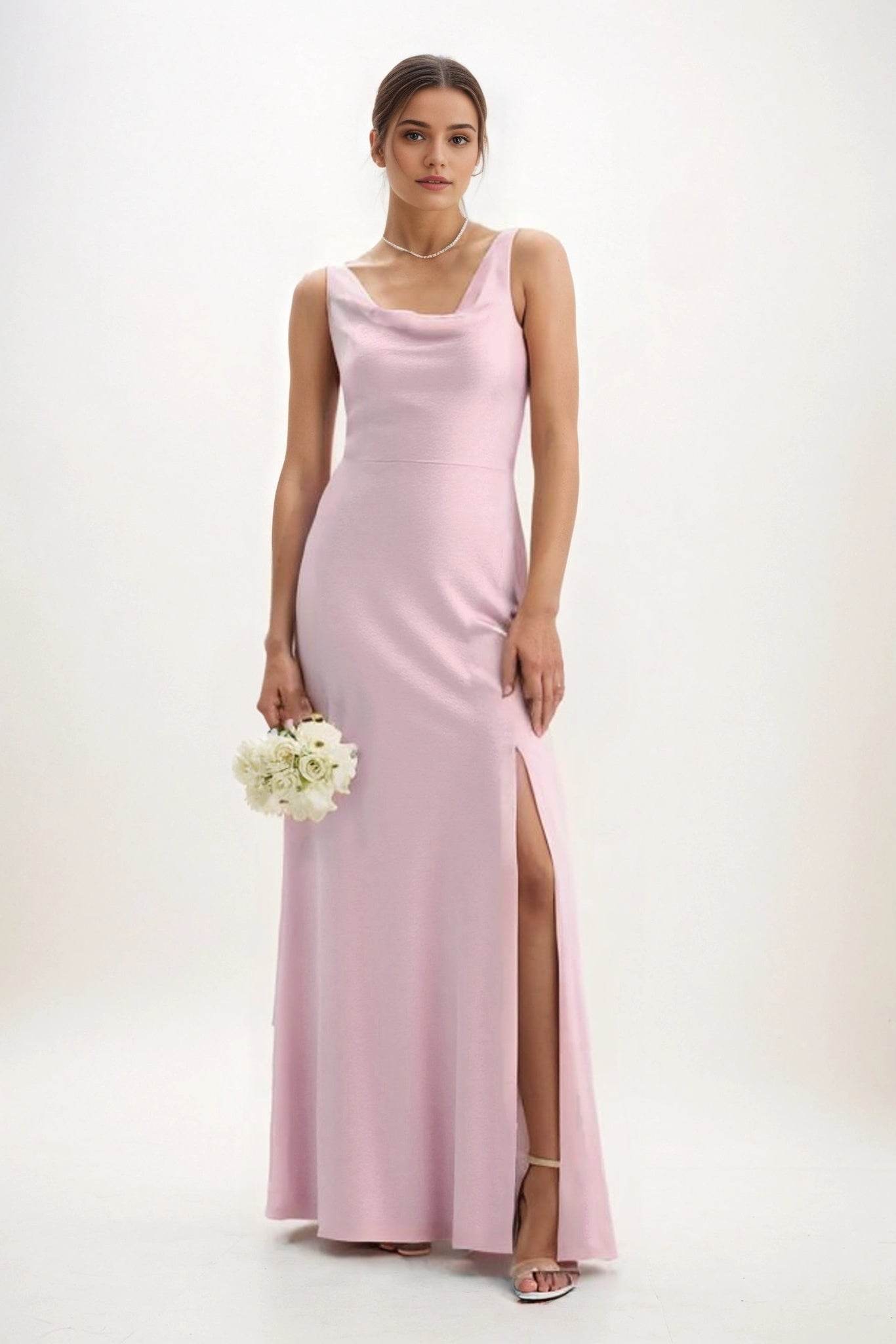 Sheath-Column Maxi Luxe Satin Bridesmaid Dress CB0816 - COCOMELODY
