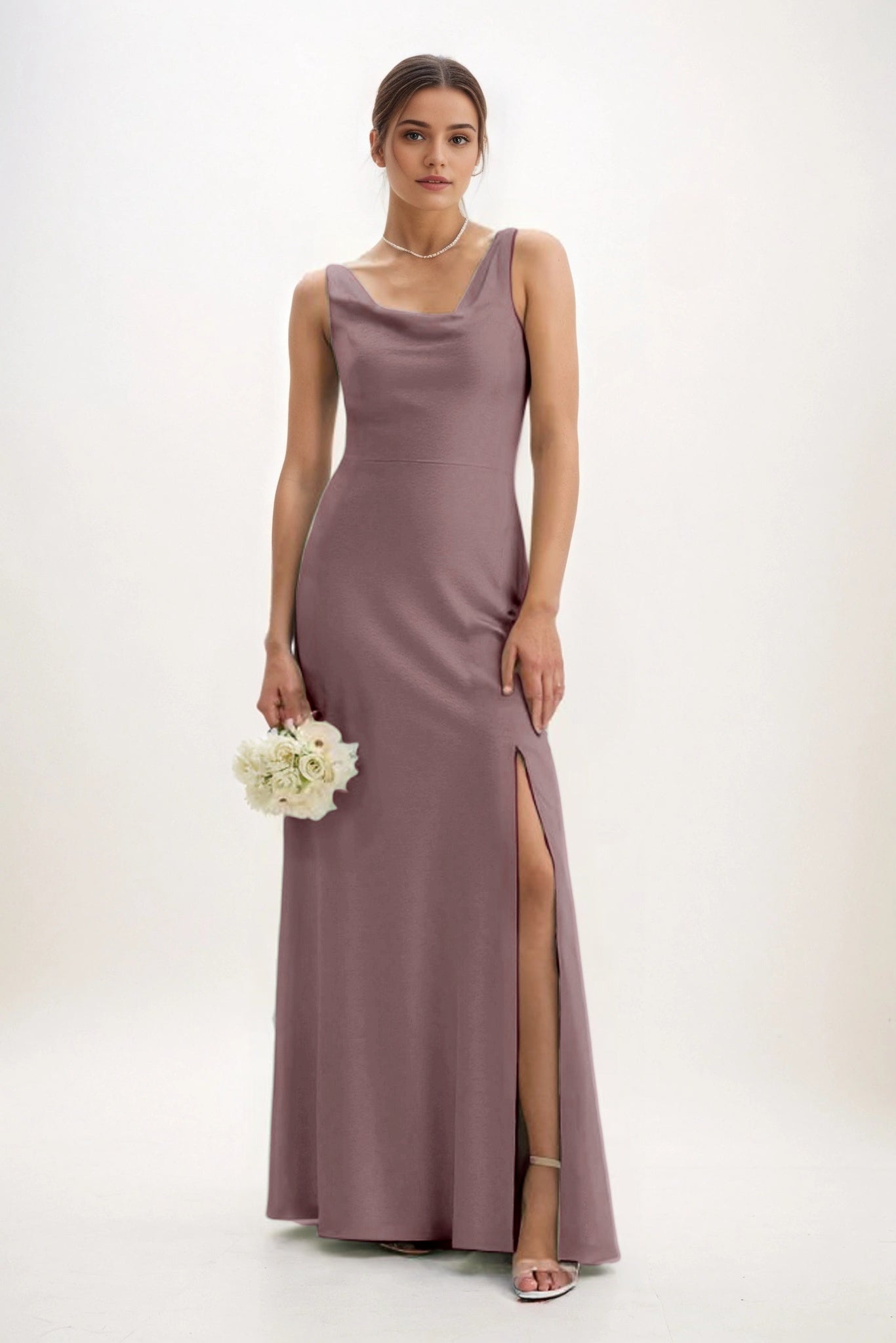 Sheath-Column Maxi Luxe Satin Bridesmaid Dress CB0816