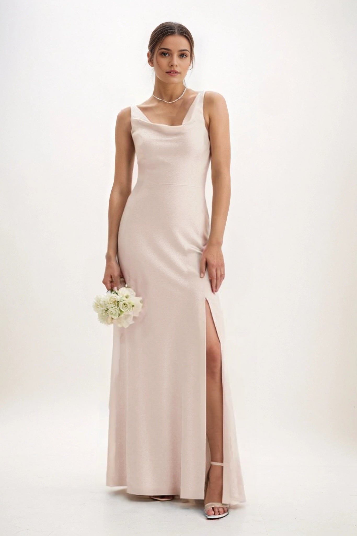 Sheath-Column Maxi Luxe Satin Bridesmaid Dress CB0816