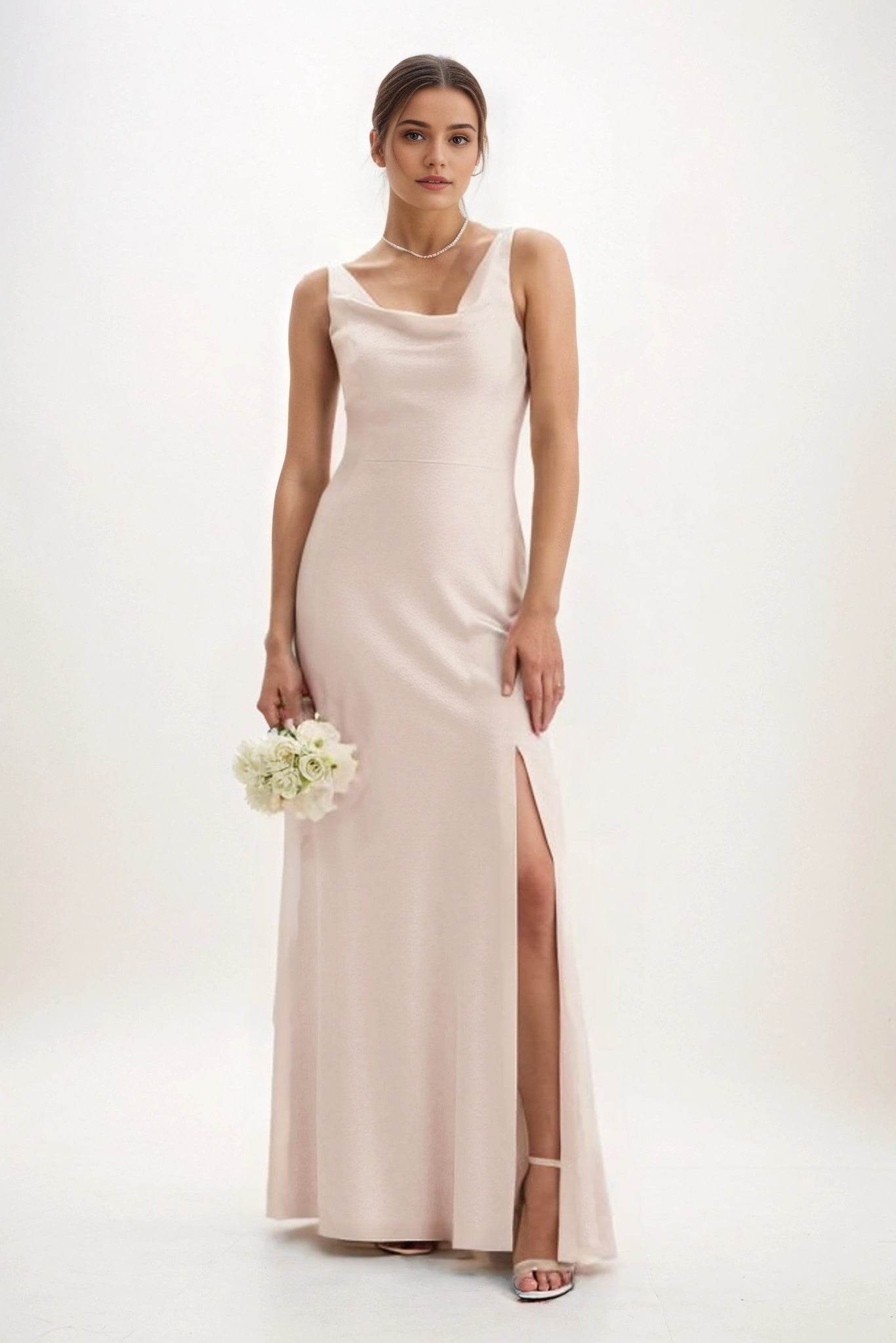 Sheath-Column Maxi Luxe Satin Bridesmaid Dress CB0816 - COCOMELODY
