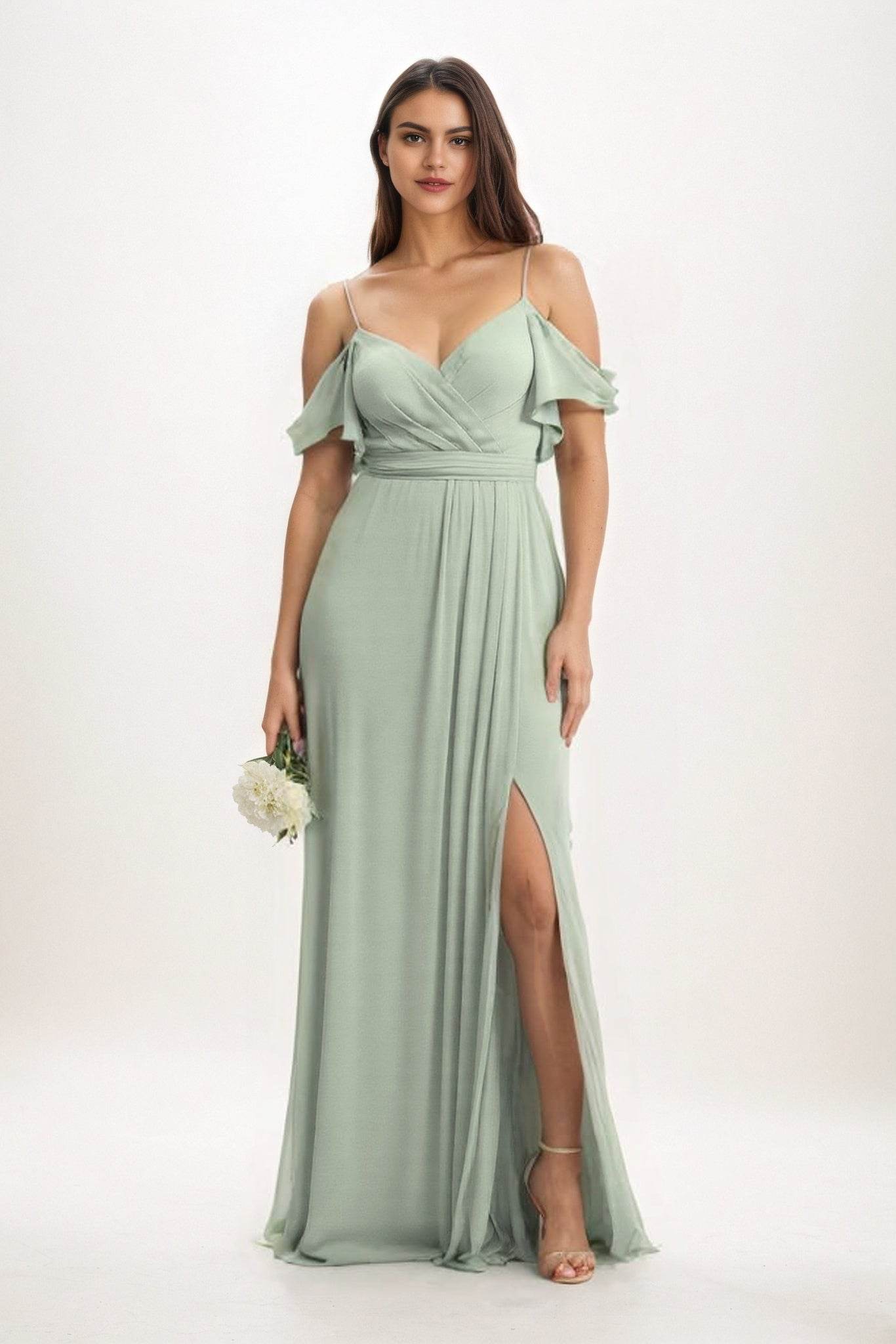 bridesmaid cold shoulder dress Wedtrend Steel Blue A Line V Neck Floor Length Cold Shoulder Long Chiffon Bridesmaid Dress With Slit, Chiffon color / US6