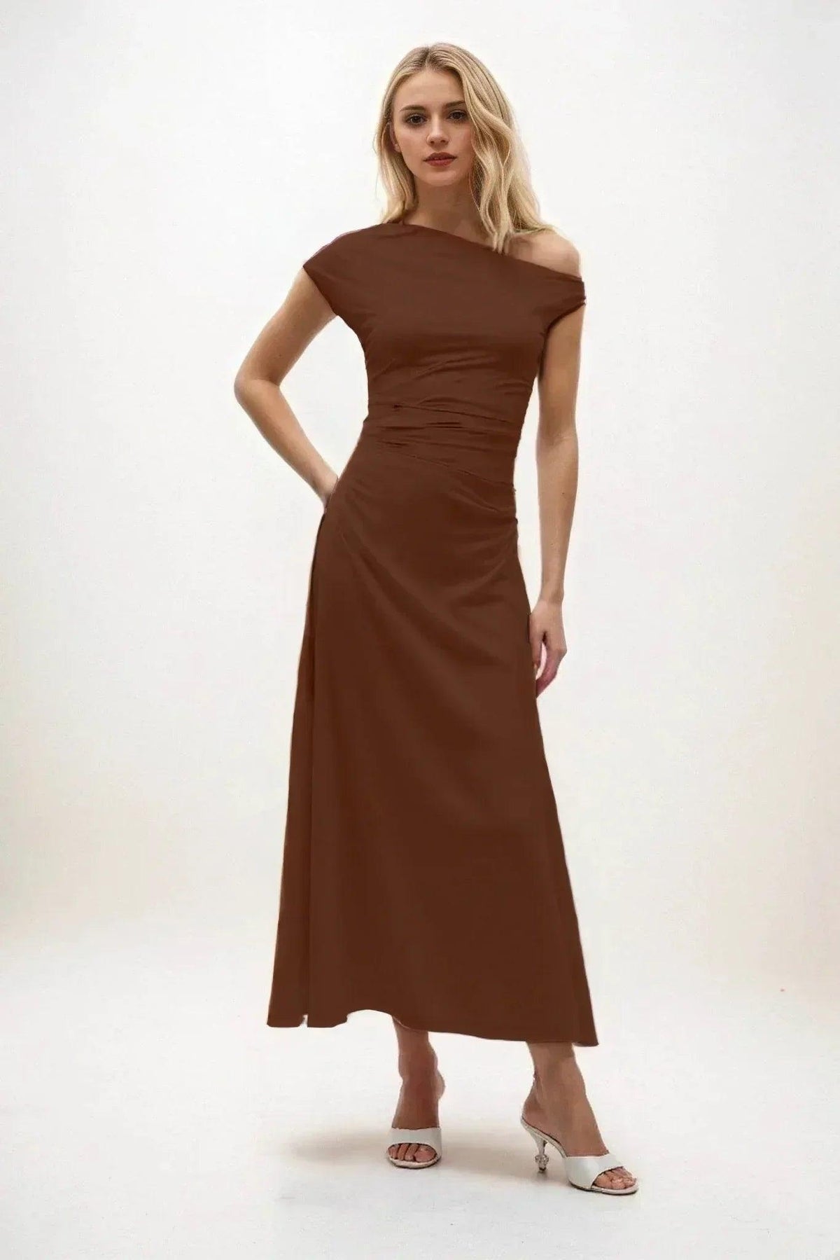 A-Line Midi Luxe Satin Dress CB0830CS - Espresso - COCOMELODY