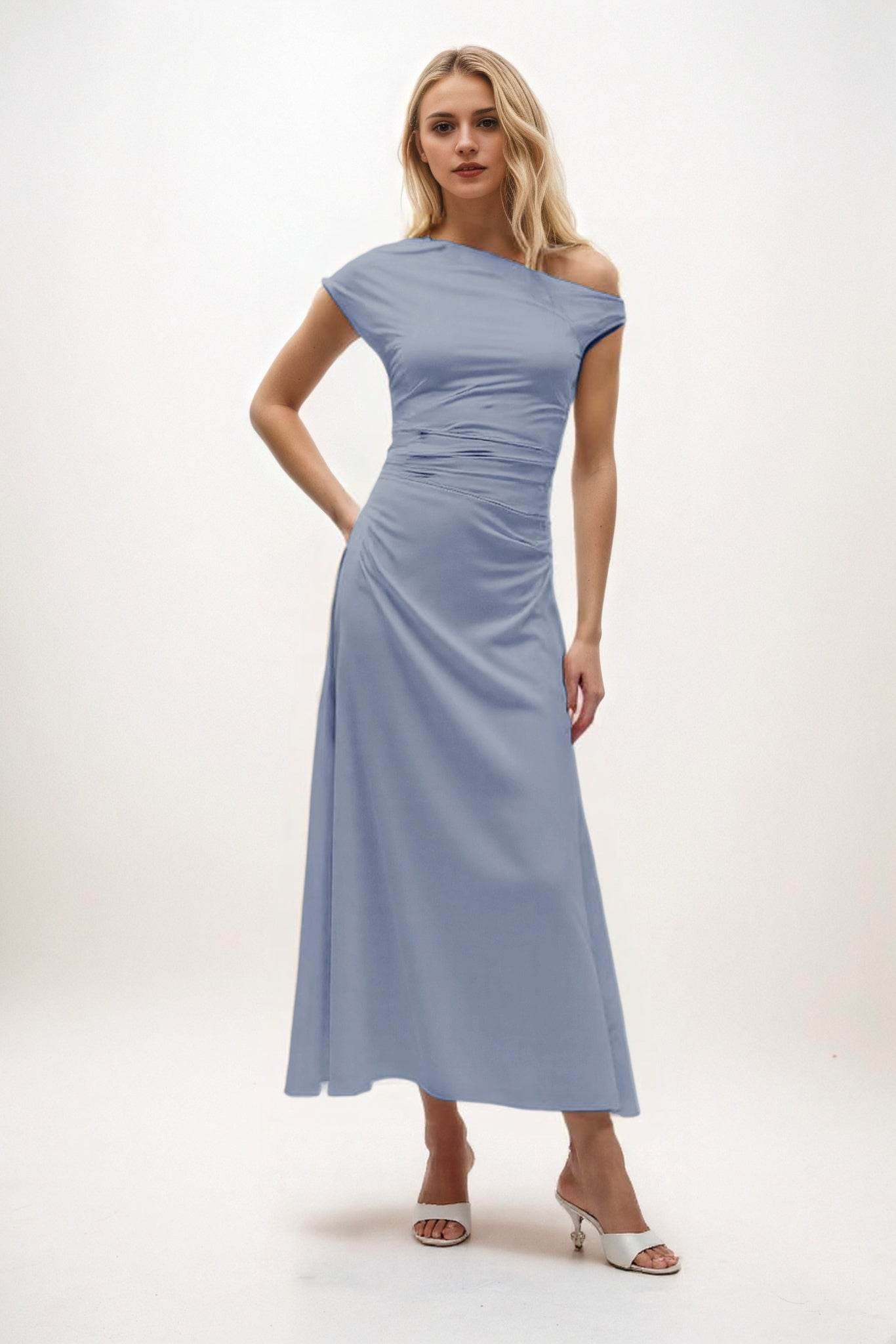 A-Line Midi Luxe Satin Bridesmaid Dress CB0830 - COCOMELODY