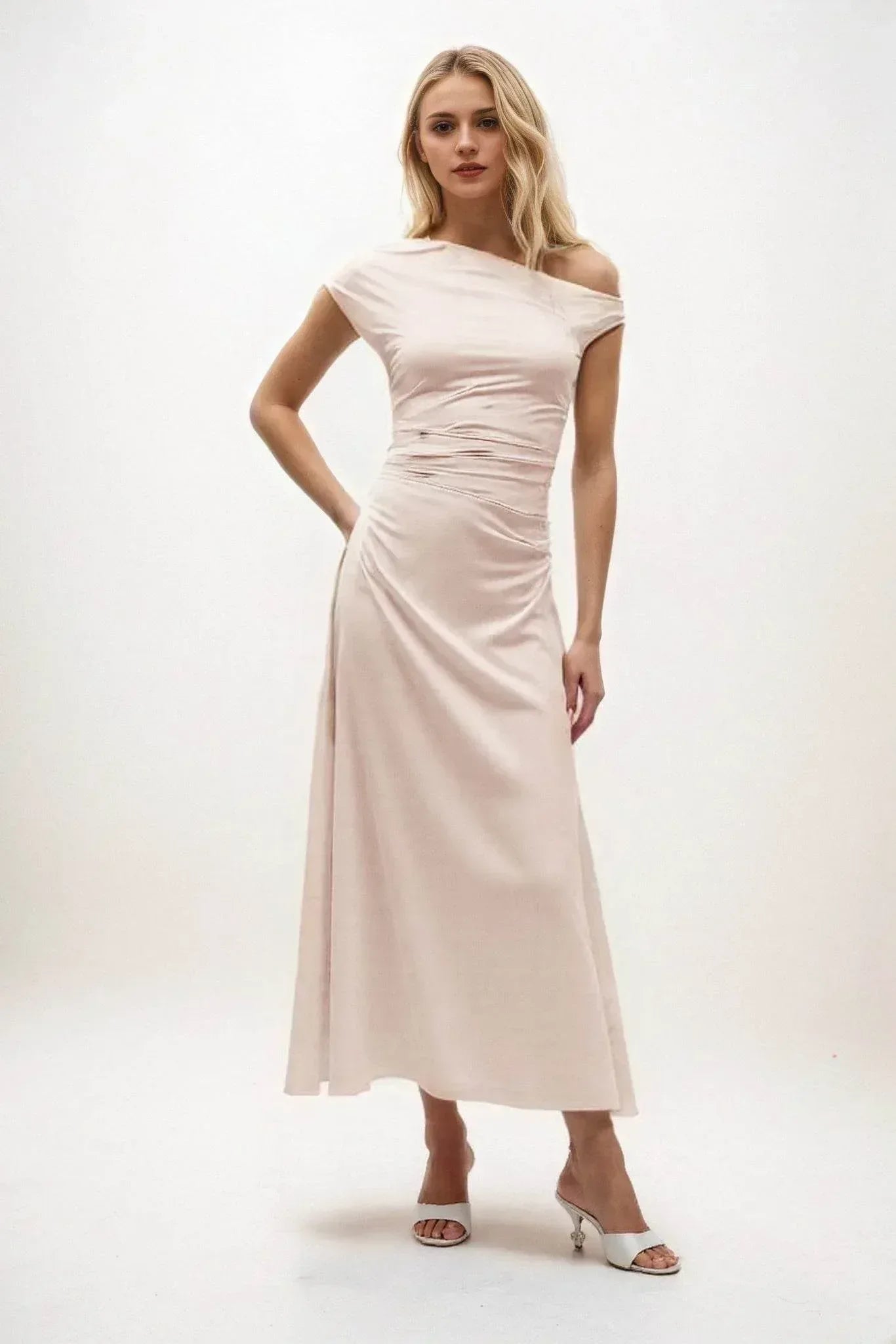 A-Line Midi Luxe Satin Blush Dresses COCOMELODY CB0830CS, Soft Blush A-Line Midi Luxe Satin Blush Dresses COCOMELODY CB0830CS, Soft Blush