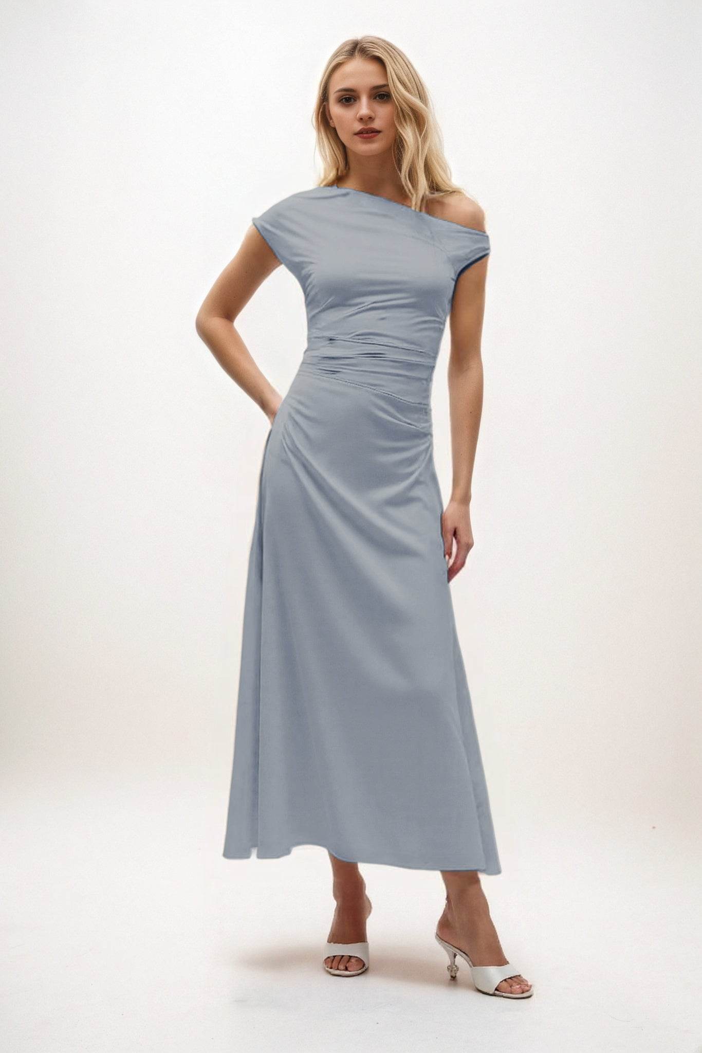 A-Line Midi Luxe Satin Bridesmaid Dress CB0830 - COCOMELODY