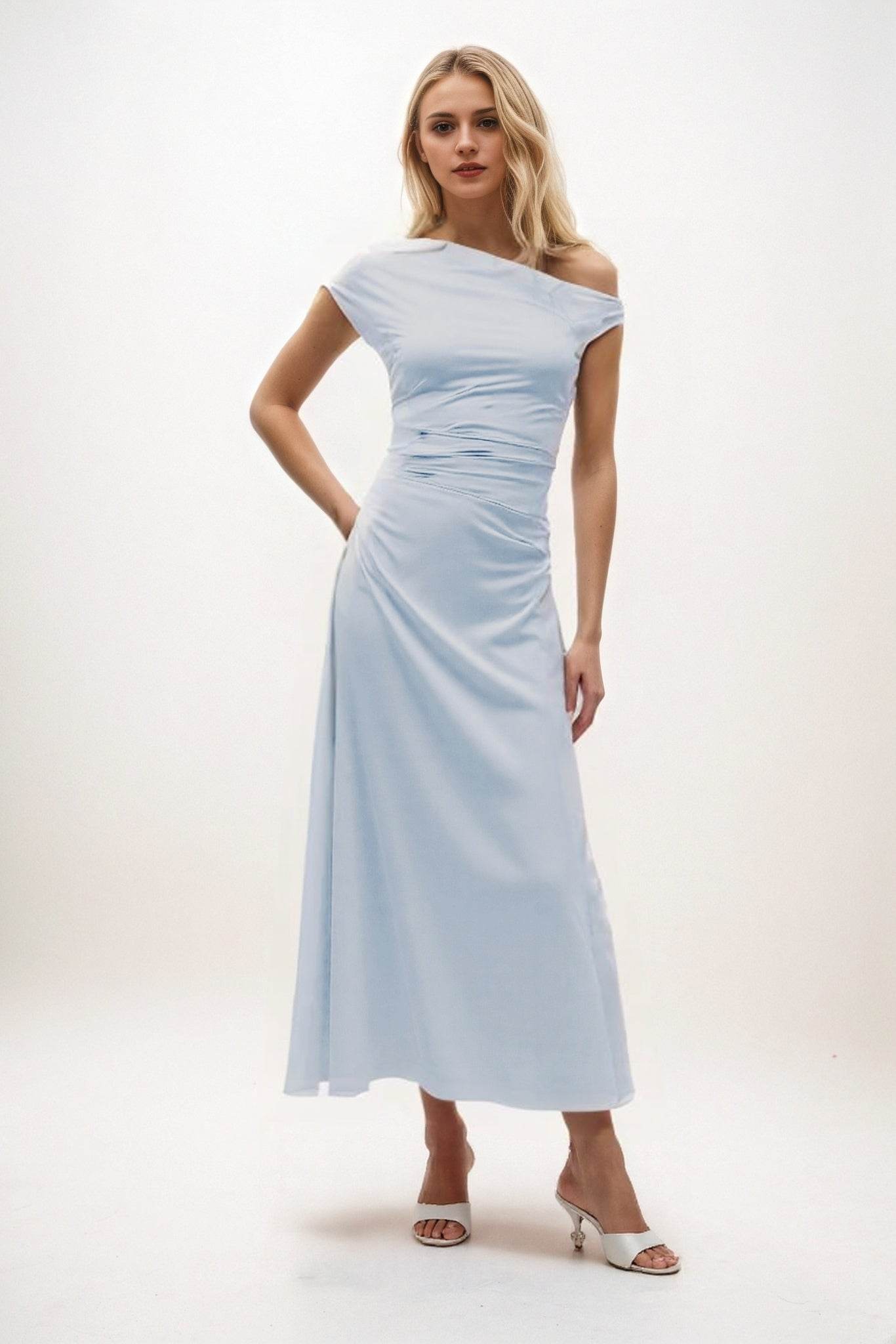 A-Line Midi Luxe Satin Bridesmaid Dress CB0830 - COCOMELODY