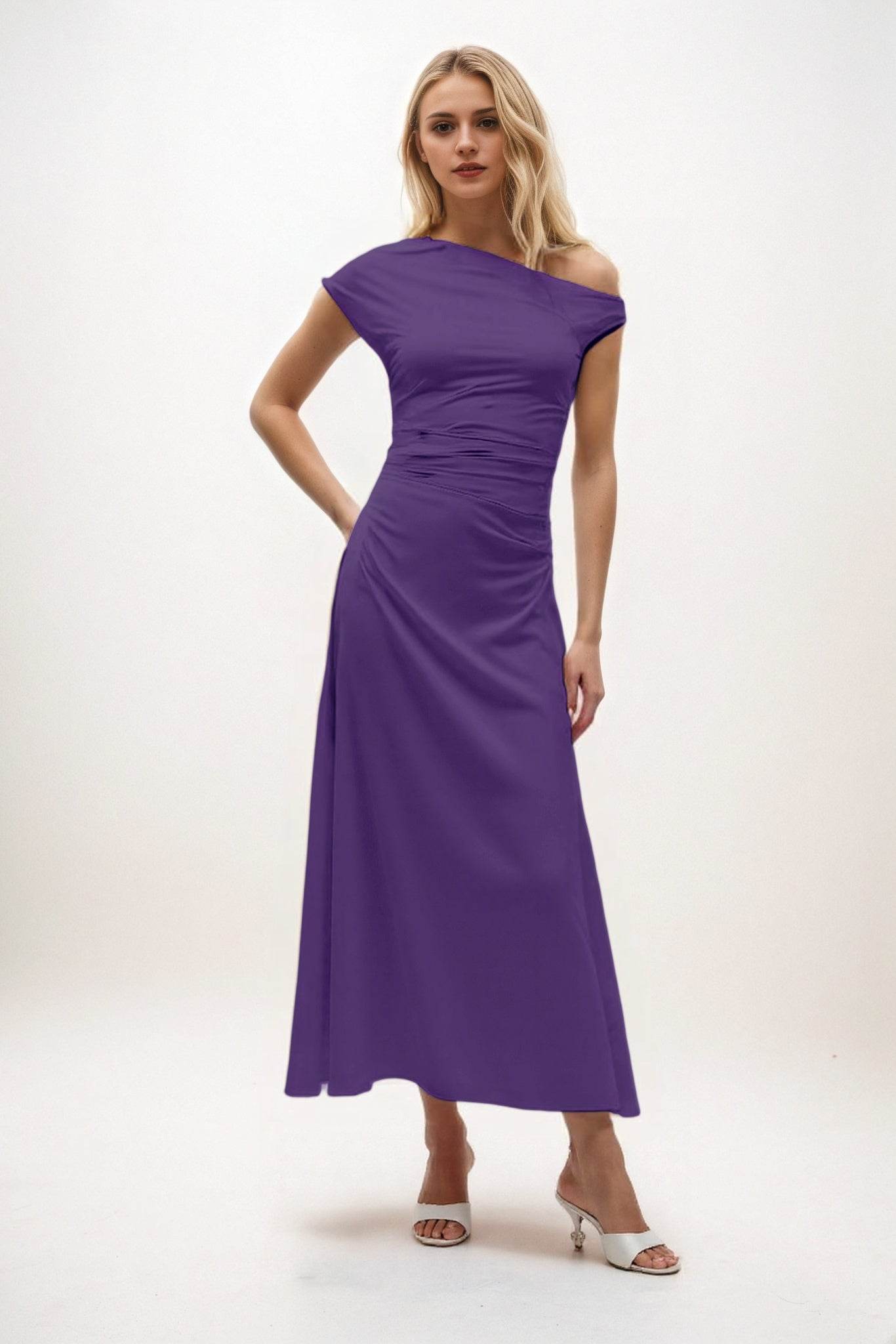 A-Line Midi Luxe Satin Bridesmaid Dress CB0830 - COCOMELODY