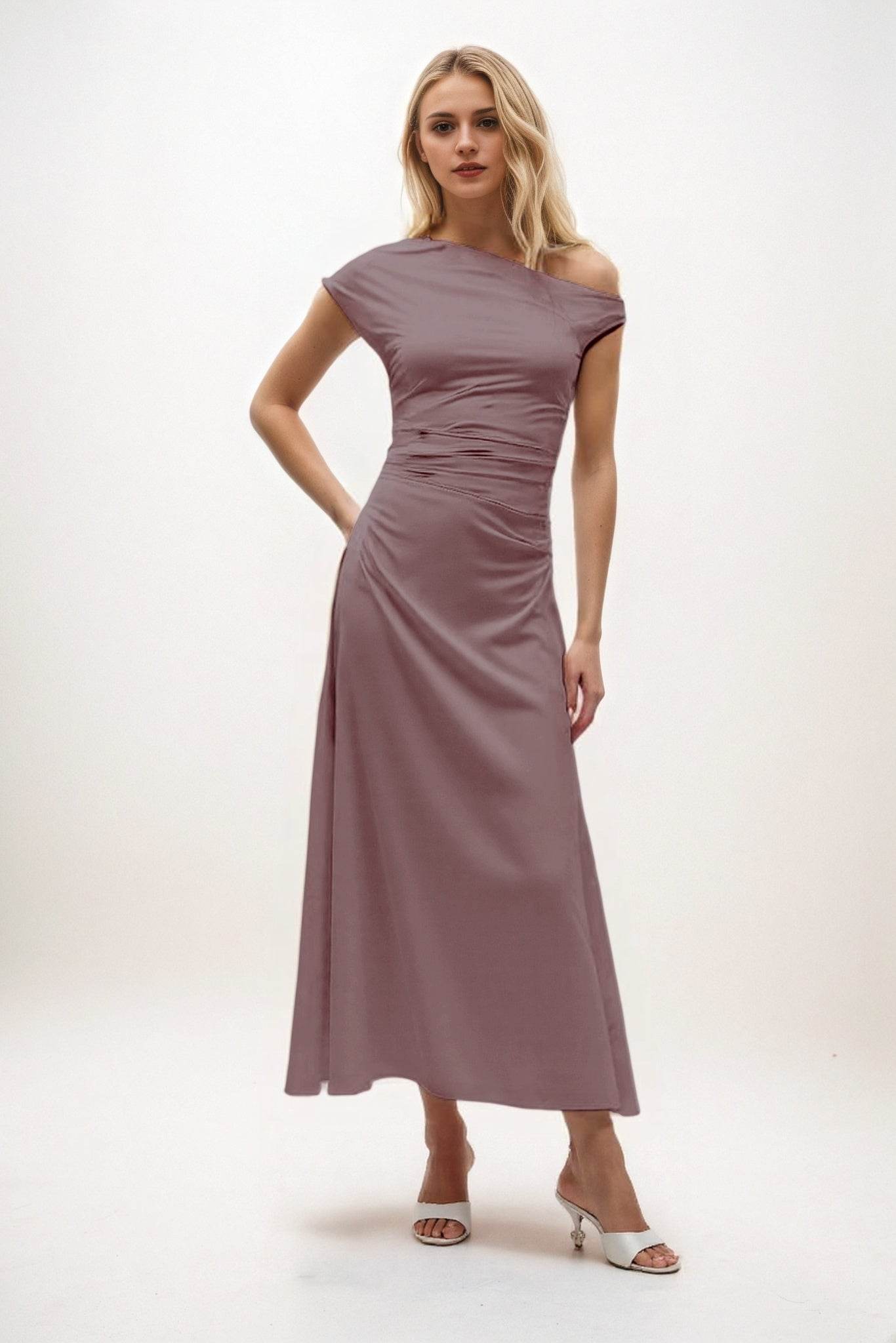 A-Line Midi Luxe Satin Bridesmaid Dress CB0830 - COCOMELODY