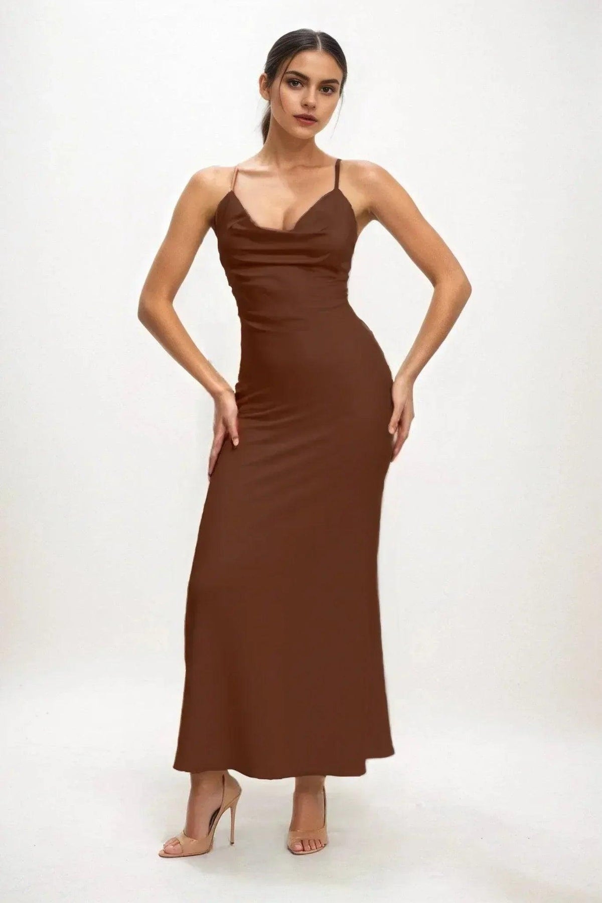 Sheath-Column Midi Luxe Satin Dress CB0831CS - Espresso - COCOMELODY