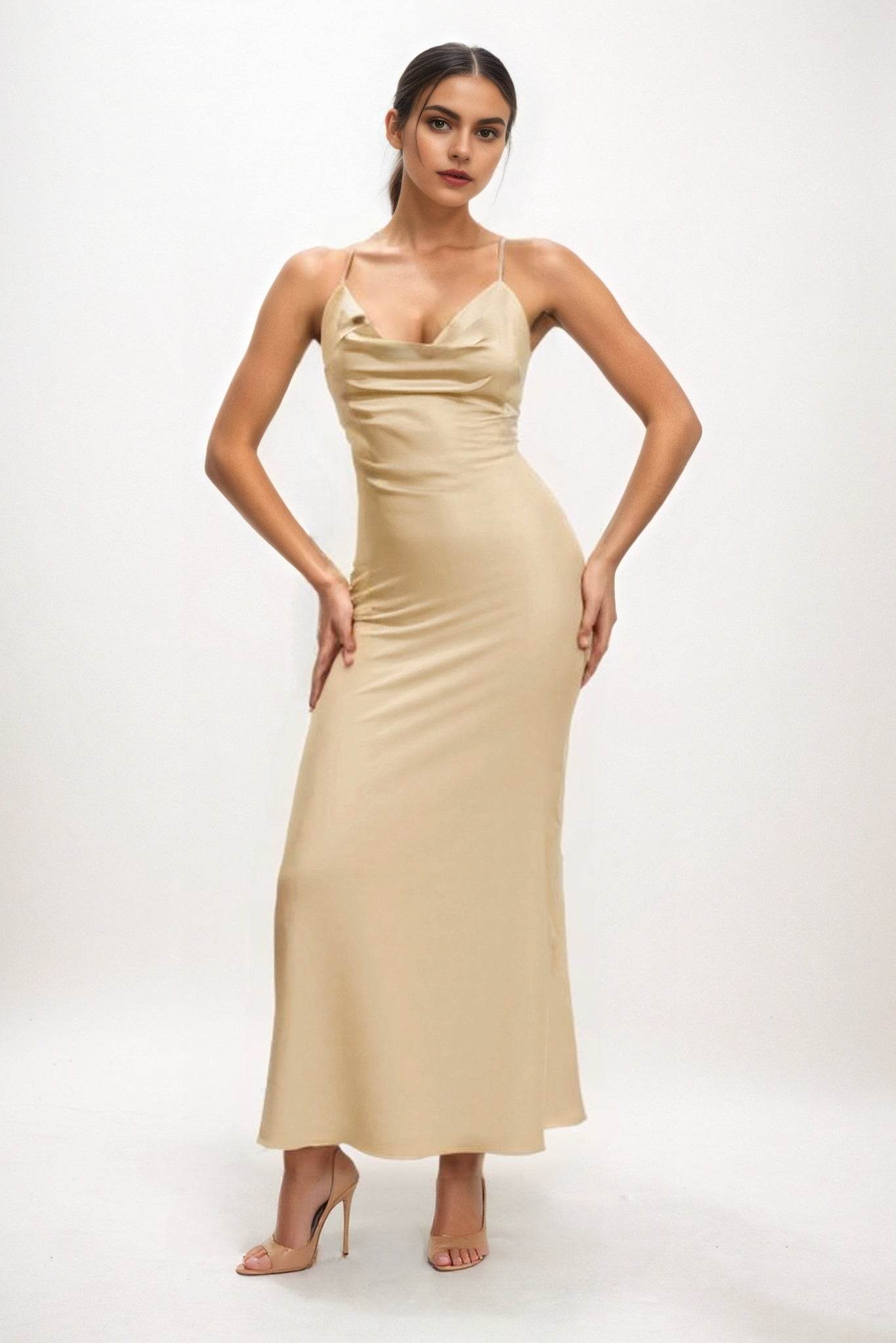Sheath-Column Midi Luxe Satin Bridesmaid Dress CB0831 - COCOMELODY