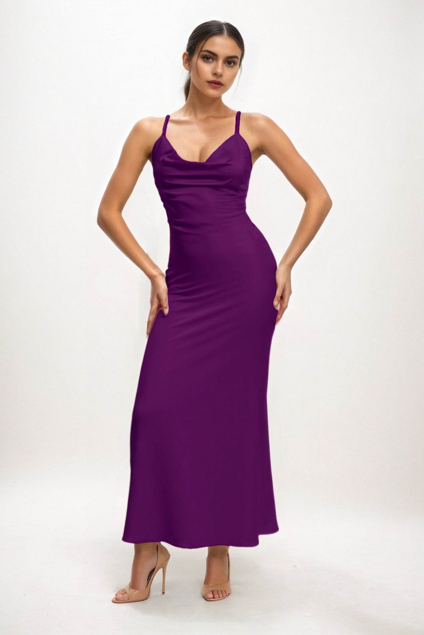 Sheath-Column Midi Luxe Satin Bridesmaid Dress CB0831 - COCOMELODY