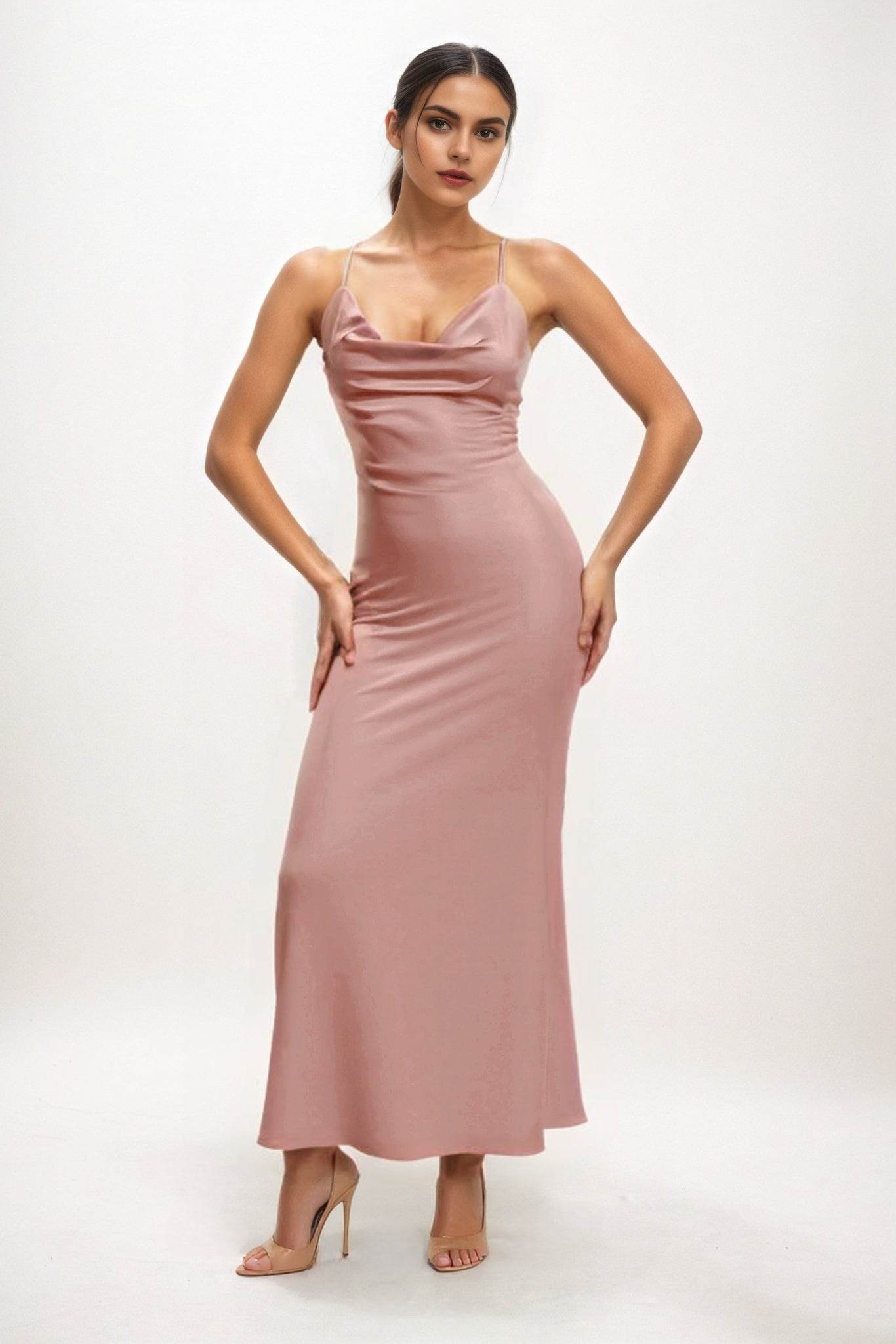 Sheath-Column Midi Luxe Satin Bridesmaid Dress CB0831 - COCOMELODY