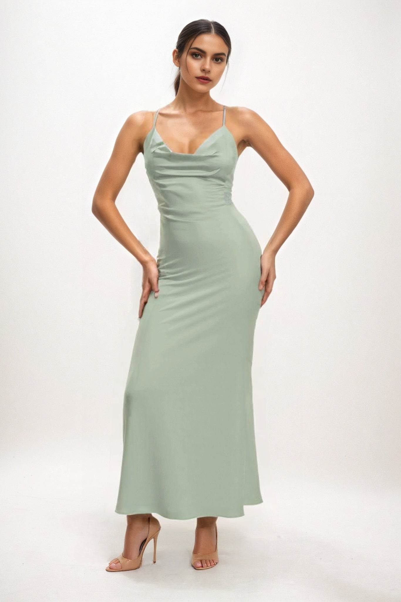Sheath-Column Midi Luxe Satin Bridesmaid Dress CB0831 - COCOMELODY