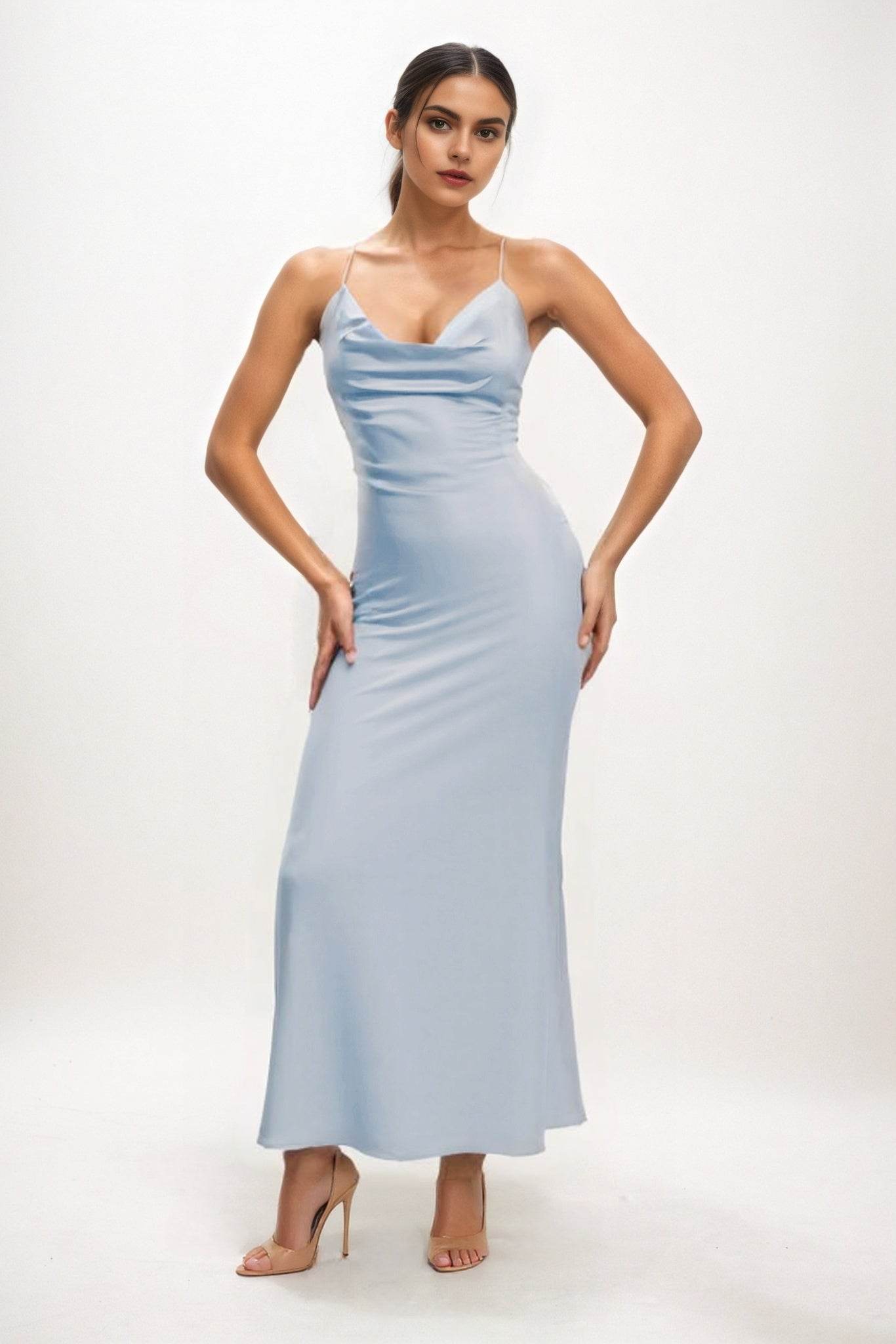 Sheath-Column Midi Luxe Satin Bridesmaid Dress CB0831 - COCOMELODY