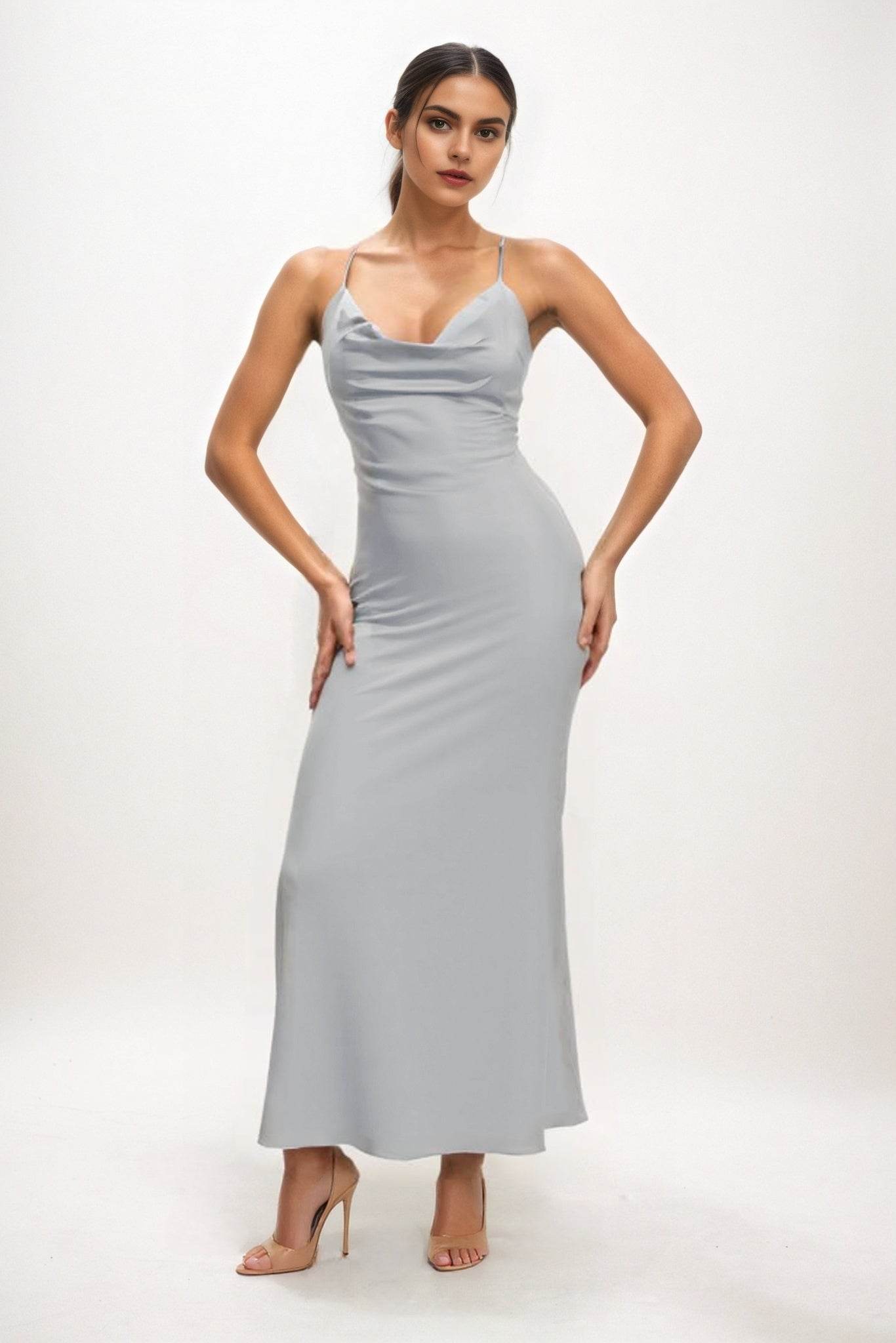 Sheath-Column Midi Luxe Satin Bridesmaid Dress CB0831 - COCOMELODY