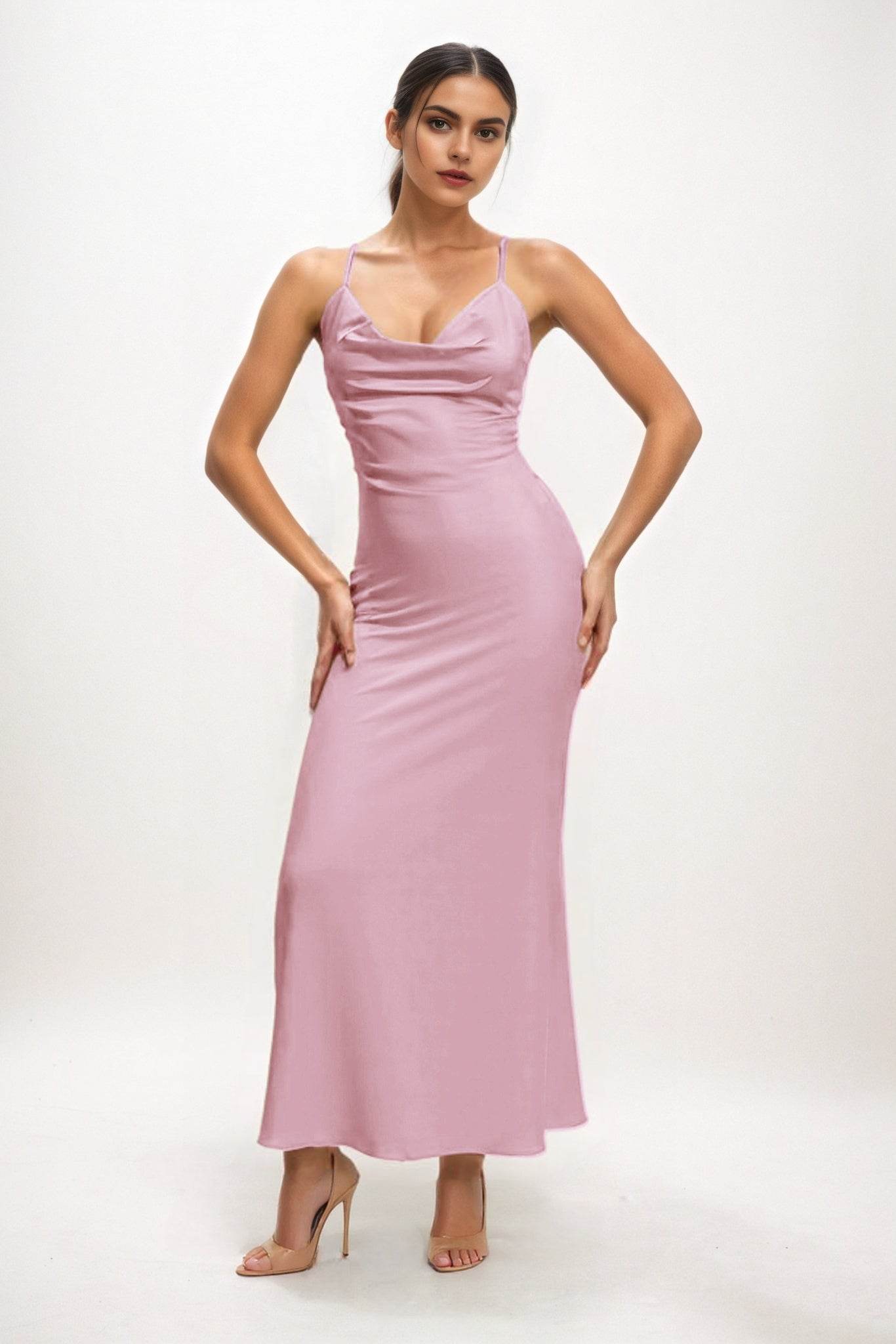 Sheath-Column Midi Luxe Satin Bridesmaid Dress CB0831 - COCOMELODY