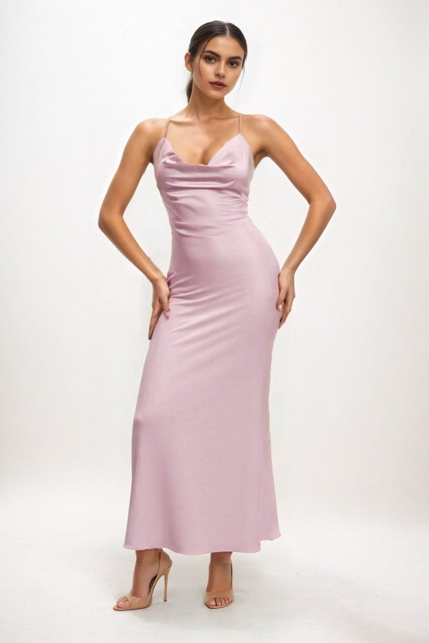 Sheath-Column Midi Luxe Satin Bridesmaid Dress CB0831 - COCOMELODY