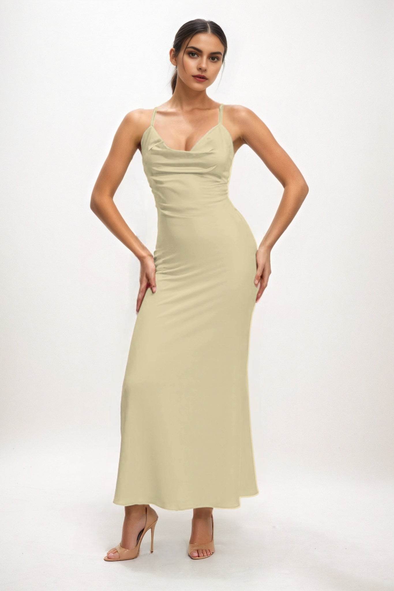 Sheath-Column Midi Luxe Satin Bridesmaid Dress CB0831 - COCOMELODY