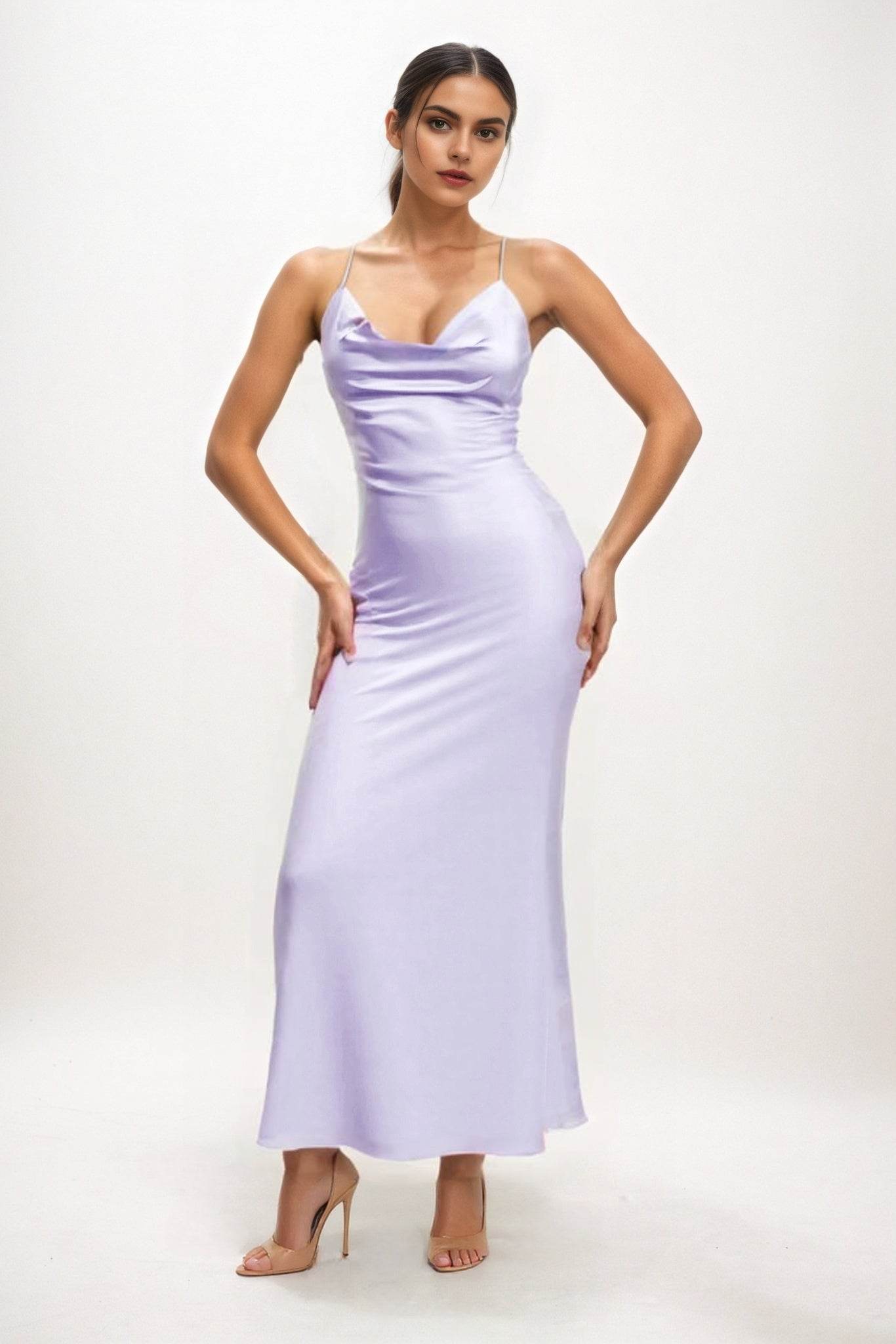 Sheath-Column Midi Luxe Satin Bridesmaid Dress CB0831 - COCOMELODY