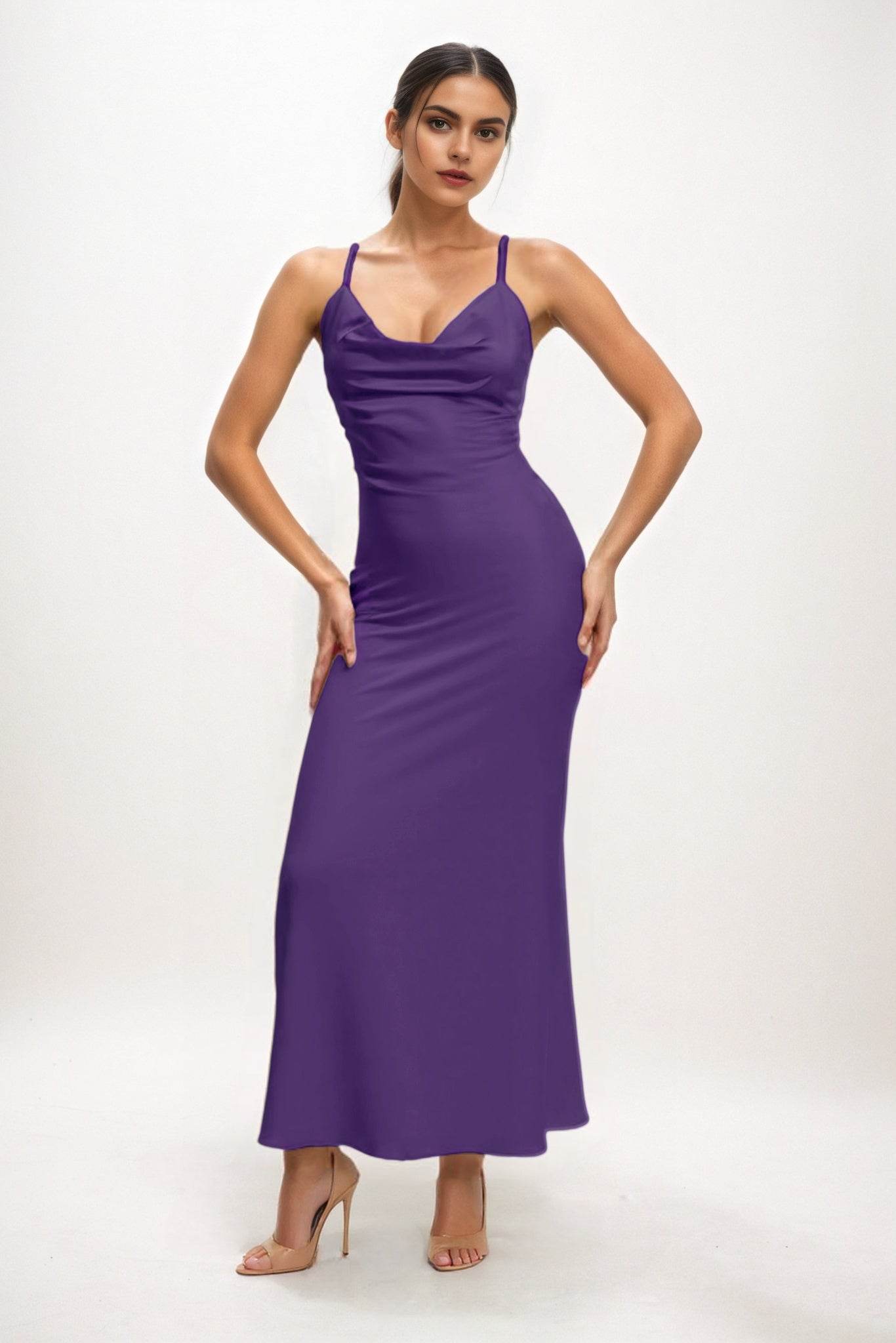 Sheath-Column Midi Luxe Satin Bridesmaid Dress CB0831 - COCOMELODY