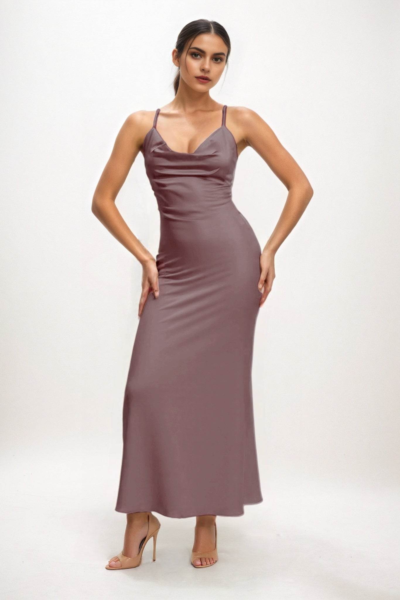 Sheath-Column Midi Luxe Satin Bridesmaid Dress CB0831 - COCOMELODY