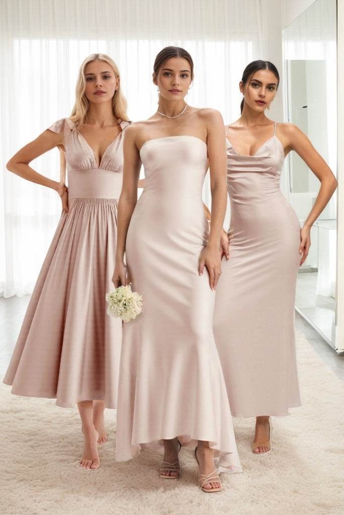 A-Line Midi Luxe Satin Bridesmaid Dress CB0832 - COCOMELODY