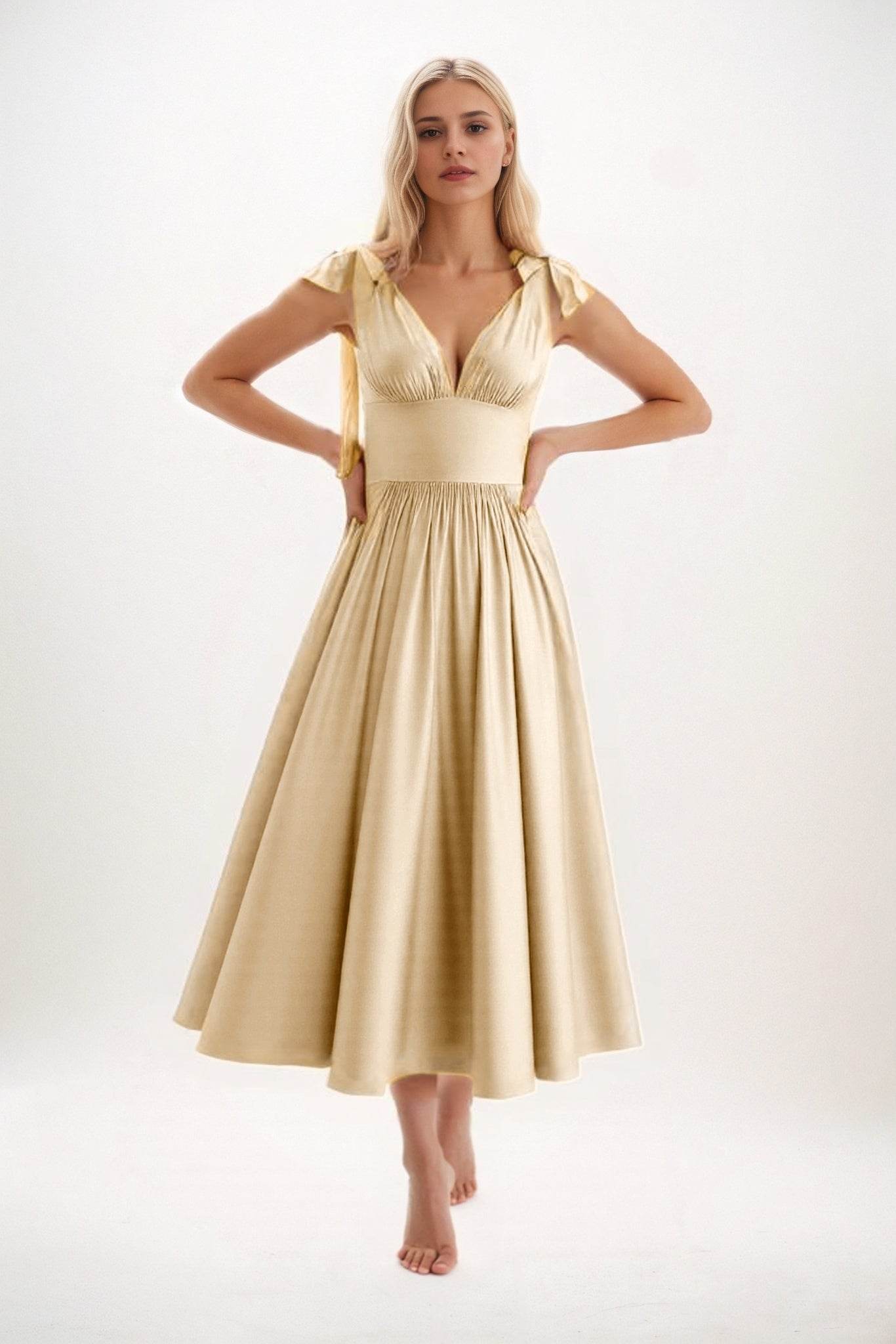 A-Line Midi Luxe Satin Bridesmaid Dress CB0832 - COCOMELODY