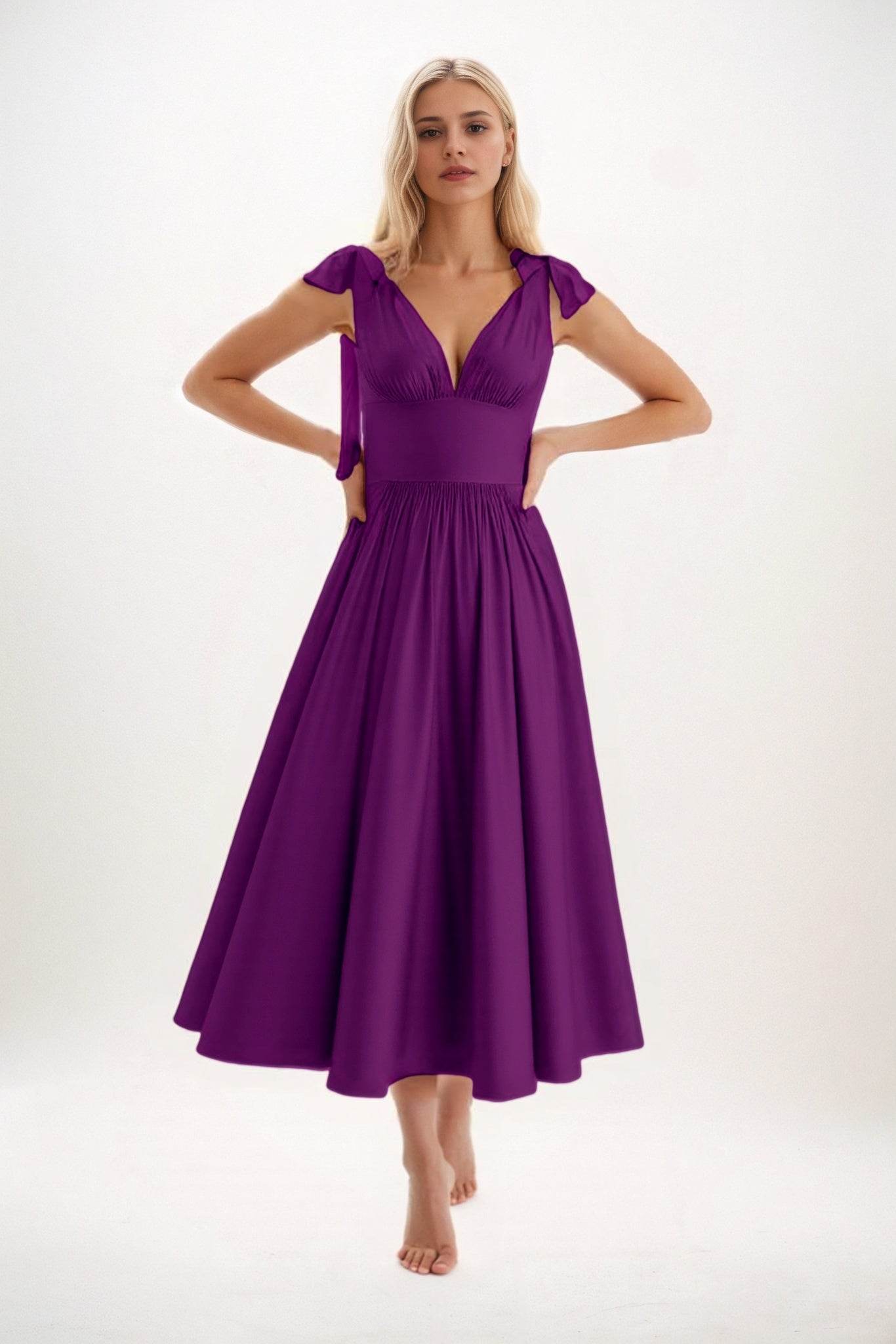 A-Line Midi Luxe Satin Bridesmaid Dress CB0832 - COCOMELODY