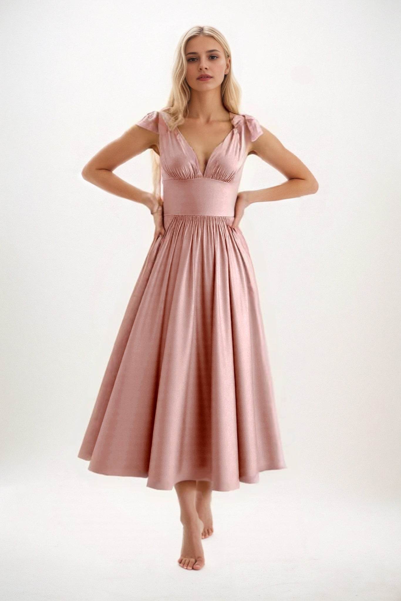 A-Line Midi Luxe Satin Bridesmaid Dress CB0832 - COCOMELODY