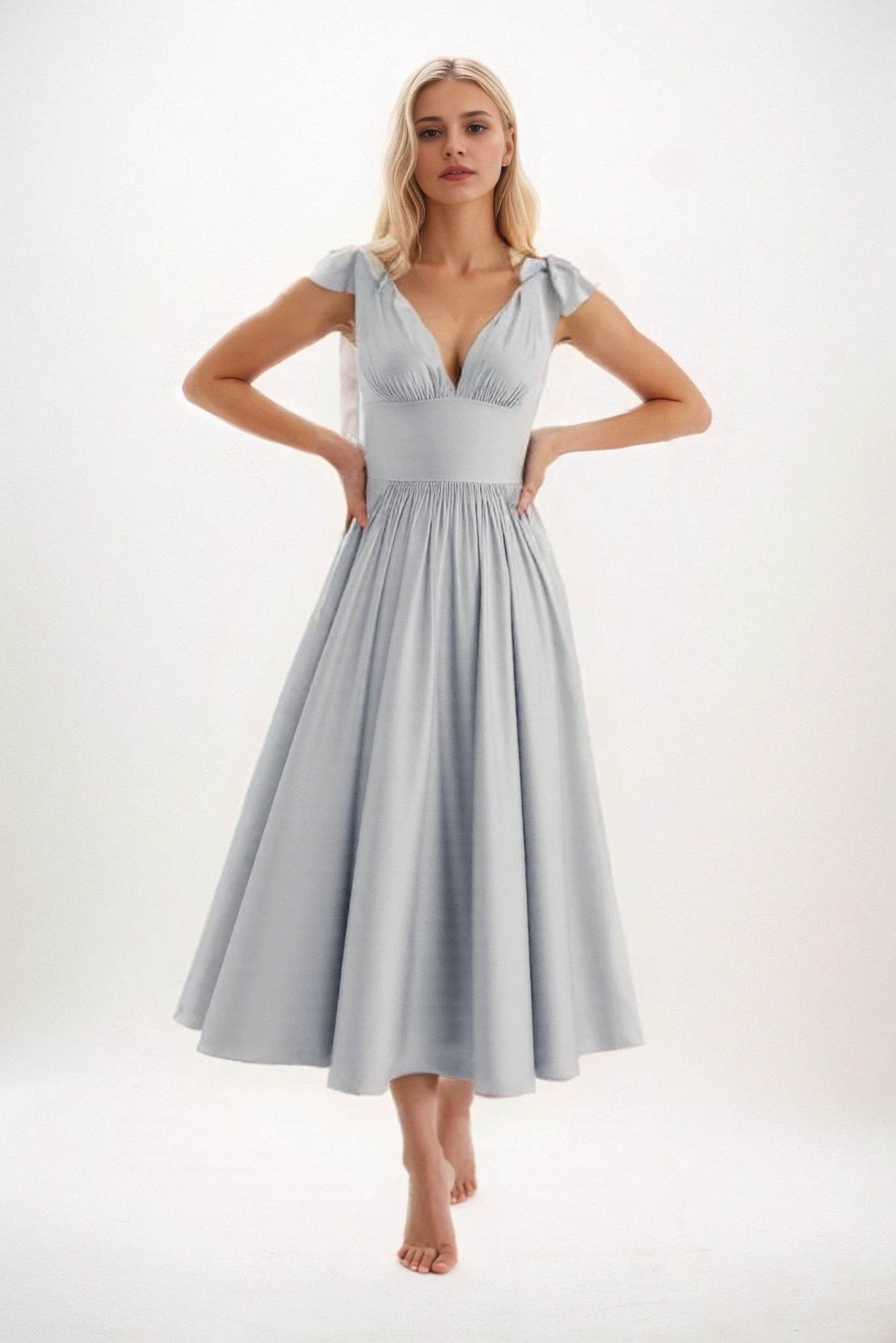 A-Line Midi Luxe Satin Bridesmaid Dress CB0832 - COCOMELODY