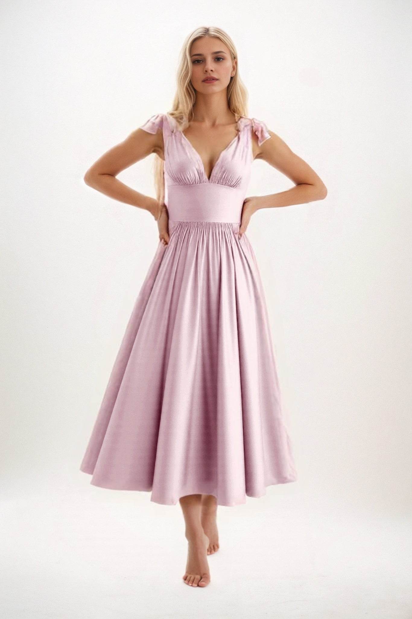 A-Line Midi Luxe Satin Bridesmaid Dress CB0832 - COCOMELODY