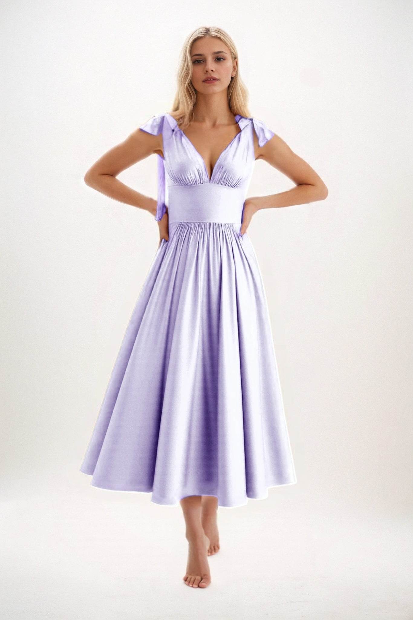 A-Line Midi Luxe Satin Bridesmaid Dress CB0832 - COCOMELODY