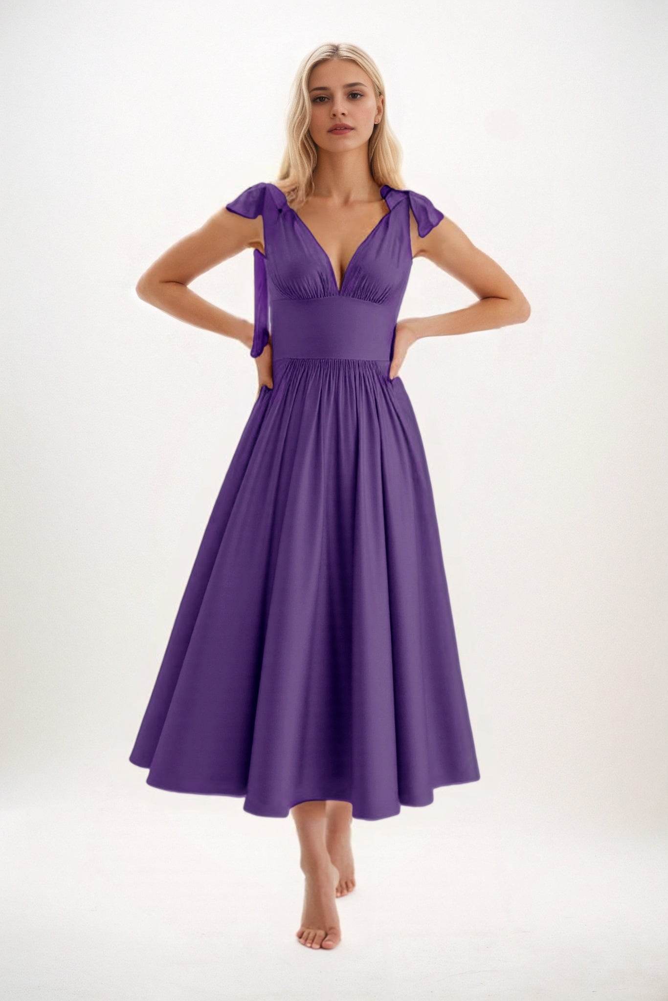 A-Line Midi Luxe Satin Bridesmaid Dress CB0832 - COCOMELODY