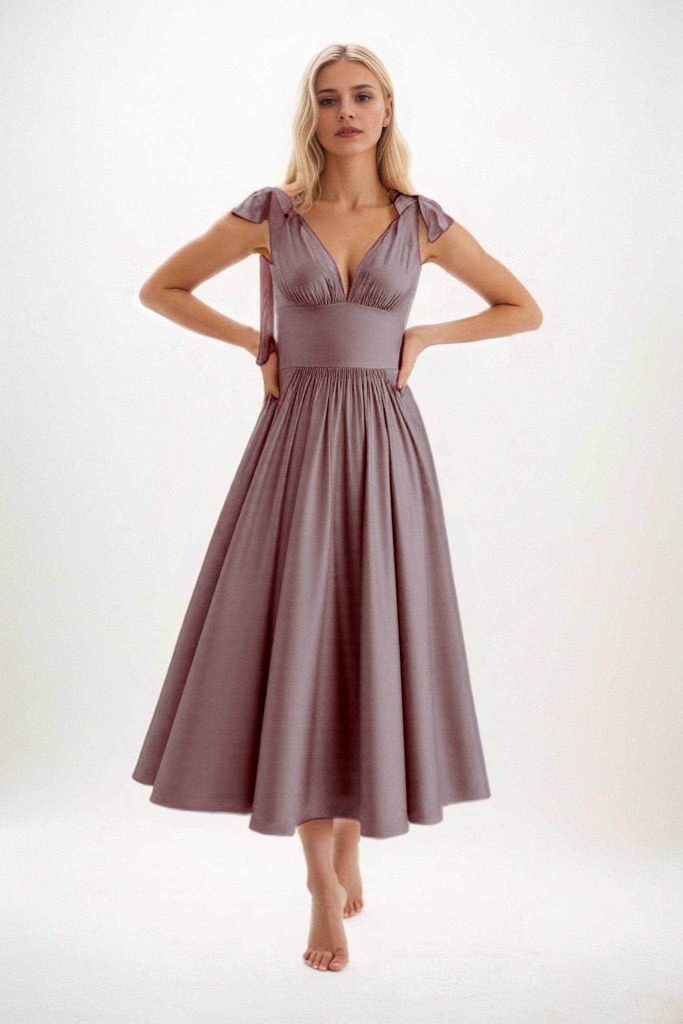 A-Line Midi Luxe Satin Bridesmaid Dress CB0832 - COCOMELODY