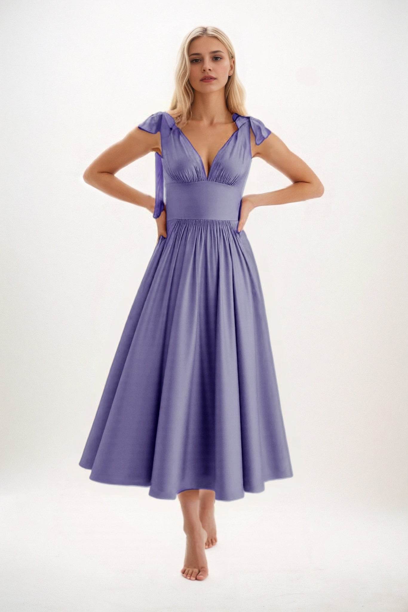 A-Line Midi Luxe Satin Bridesmaid Dress CB0832 - COCOMELODY