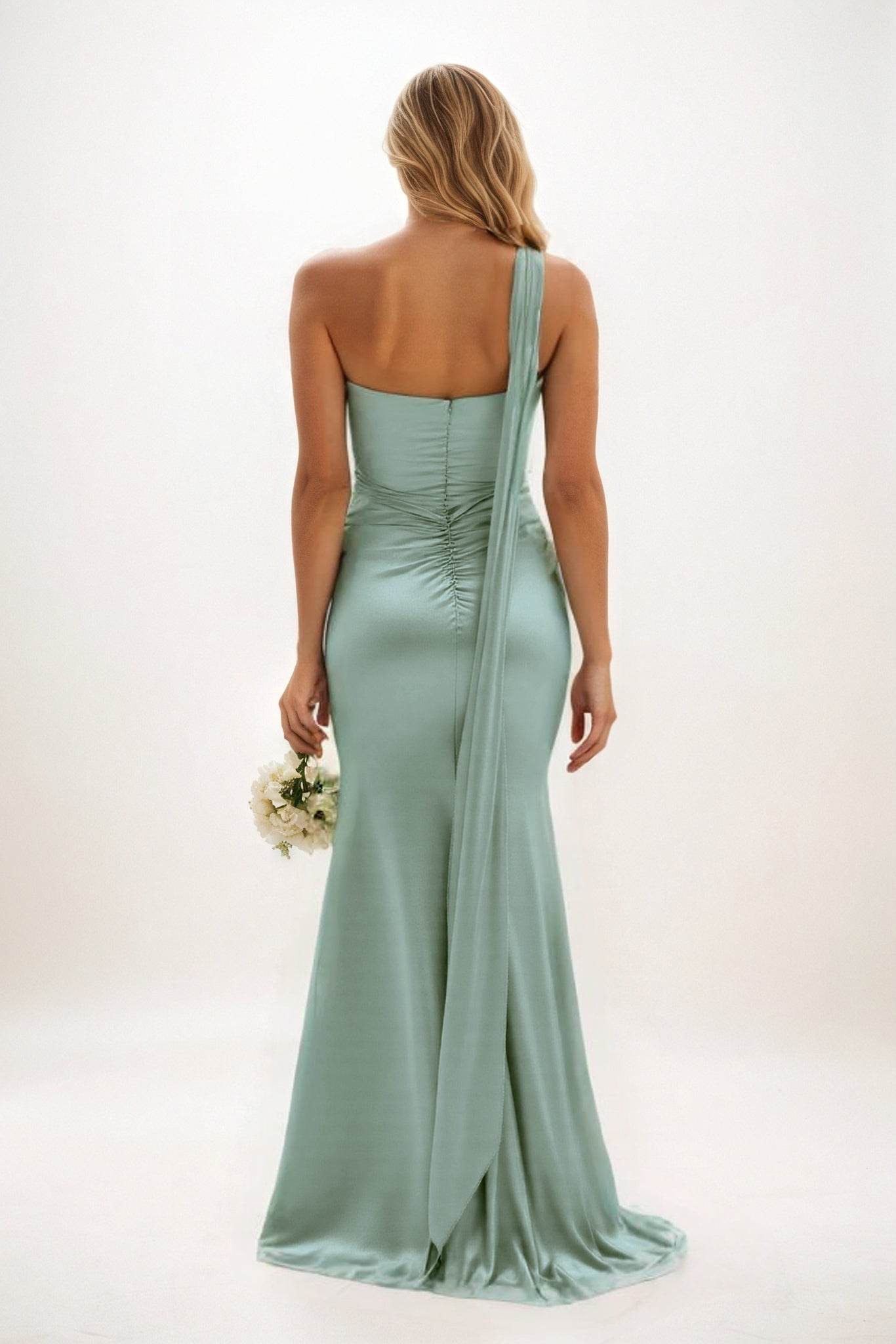 Sheath-Column Sweep-Brush Train Luxe Satin Bridesmaid Dress CB0833 - COCOMELODY